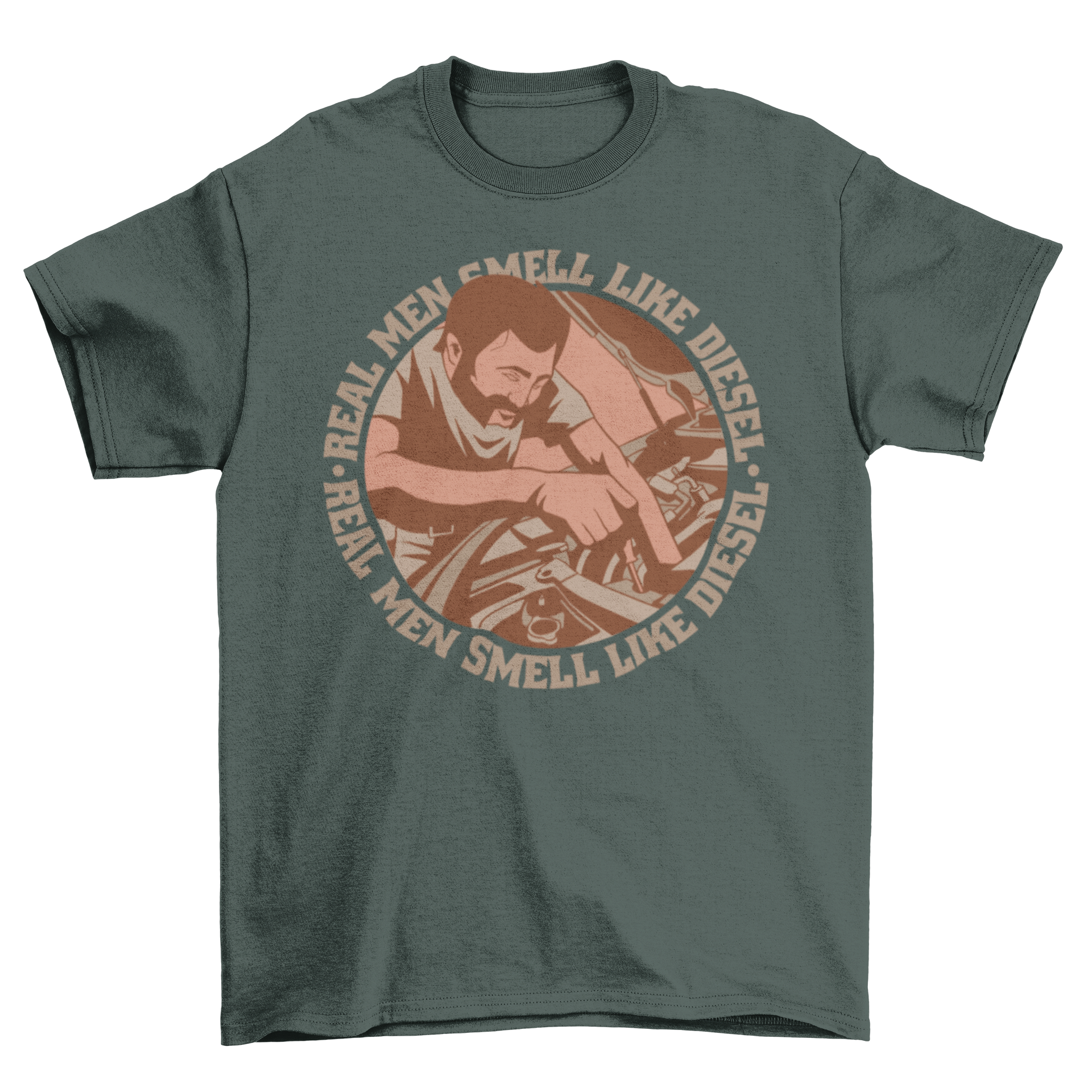 A stylish t-shirt featuring a mechanic fixing a car with the quote 'Real men smell like diesel'.