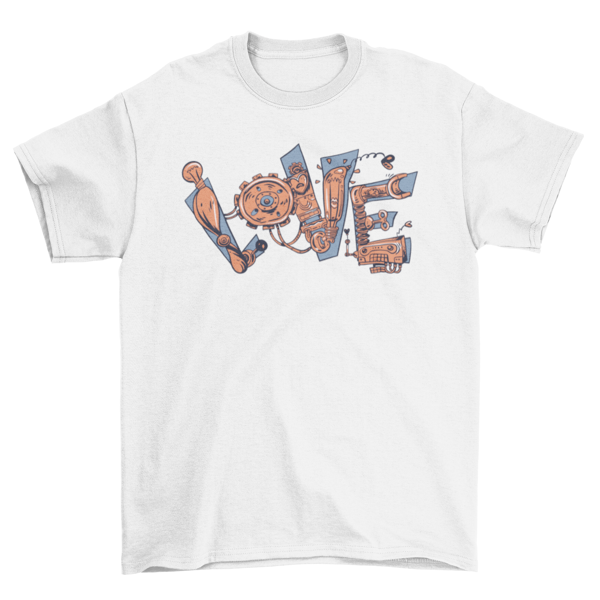 Mechanical Love T-shirt featuring the word 'Love' designed with intricate mechanical parts, showcasing a blend of art and technology.