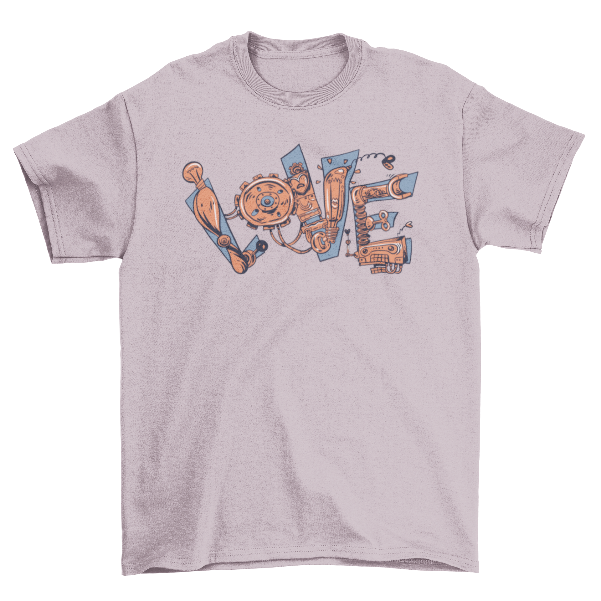 Mechanical Love T-shirt featuring the word 'Love' designed with intricate mechanical parts, showcasing a blend of art and technology.