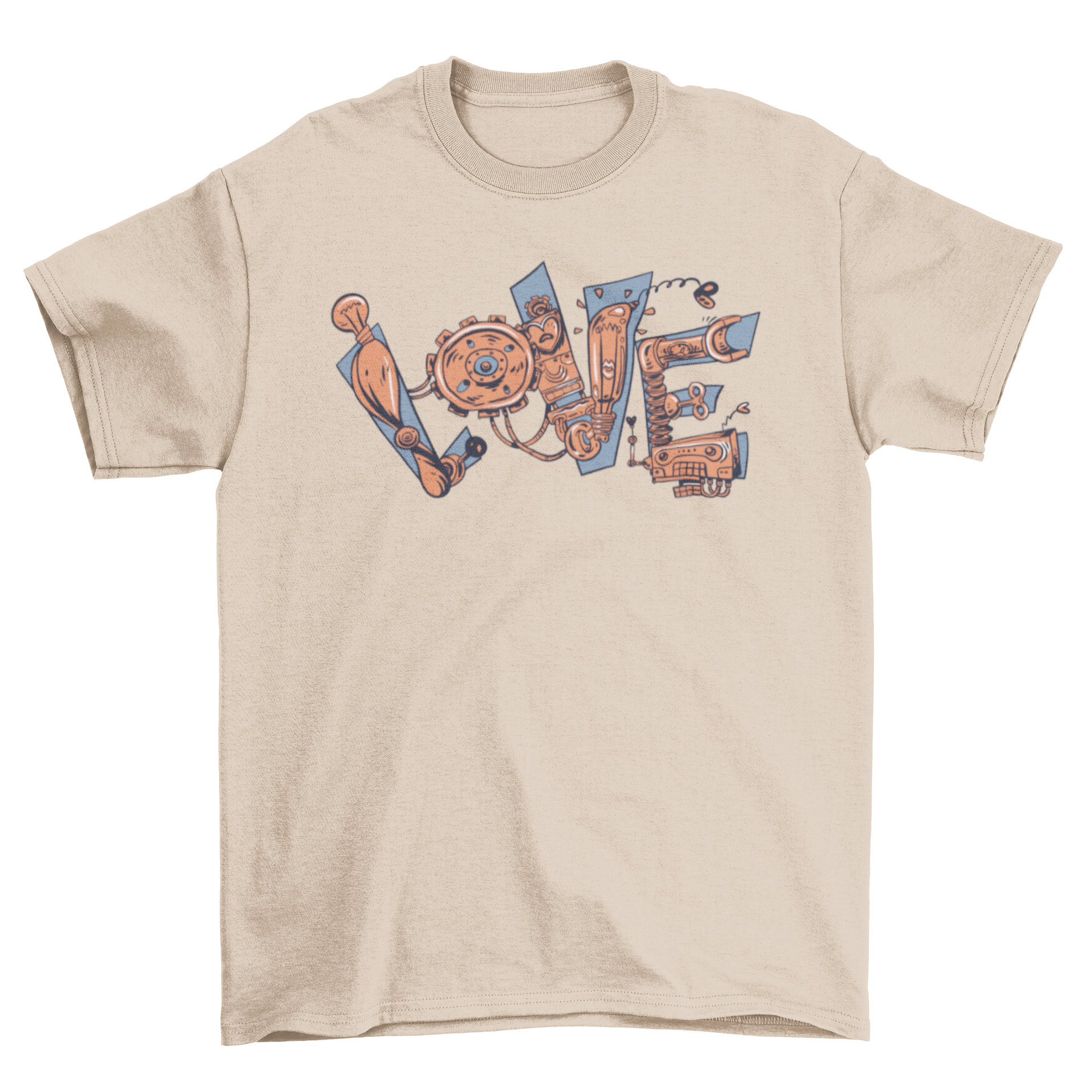 Mechanical Love T-shirt featuring the word 'Love' designed with intricate mechanical parts, showcasing a blend of art and technology.