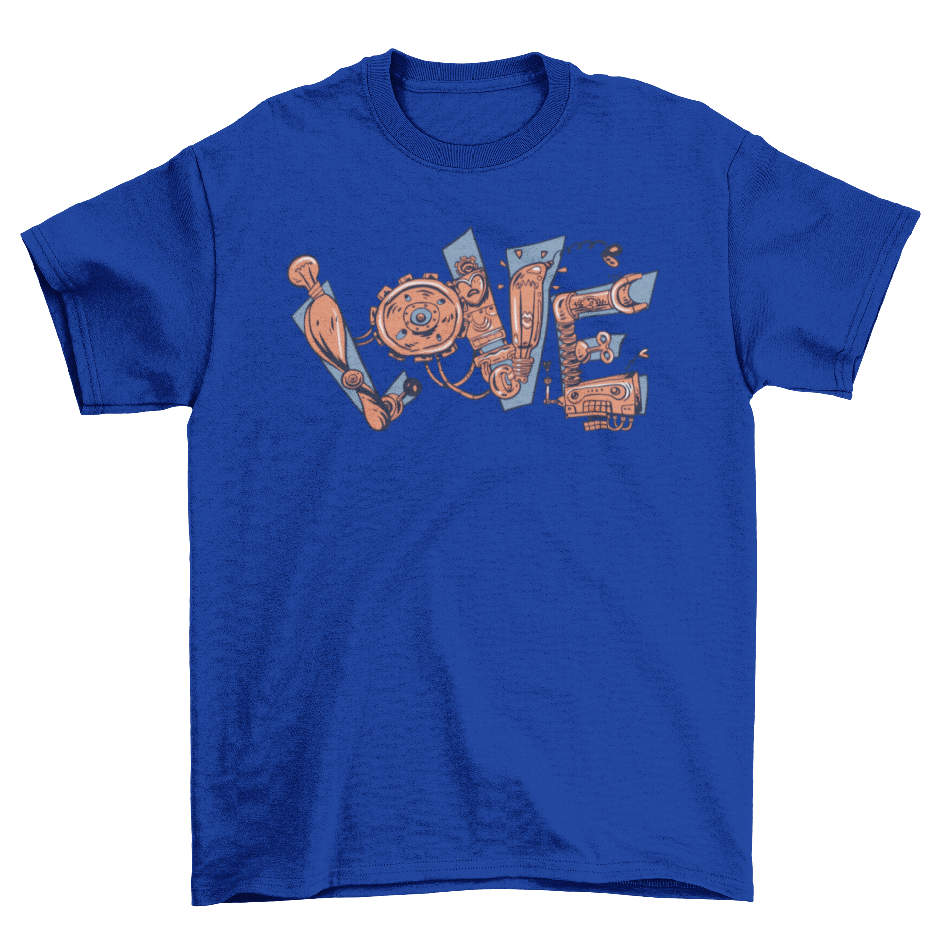 Mechanical Love T-shirt featuring the word 'Love' designed with intricate mechanical parts, showcasing a blend of art and technology.