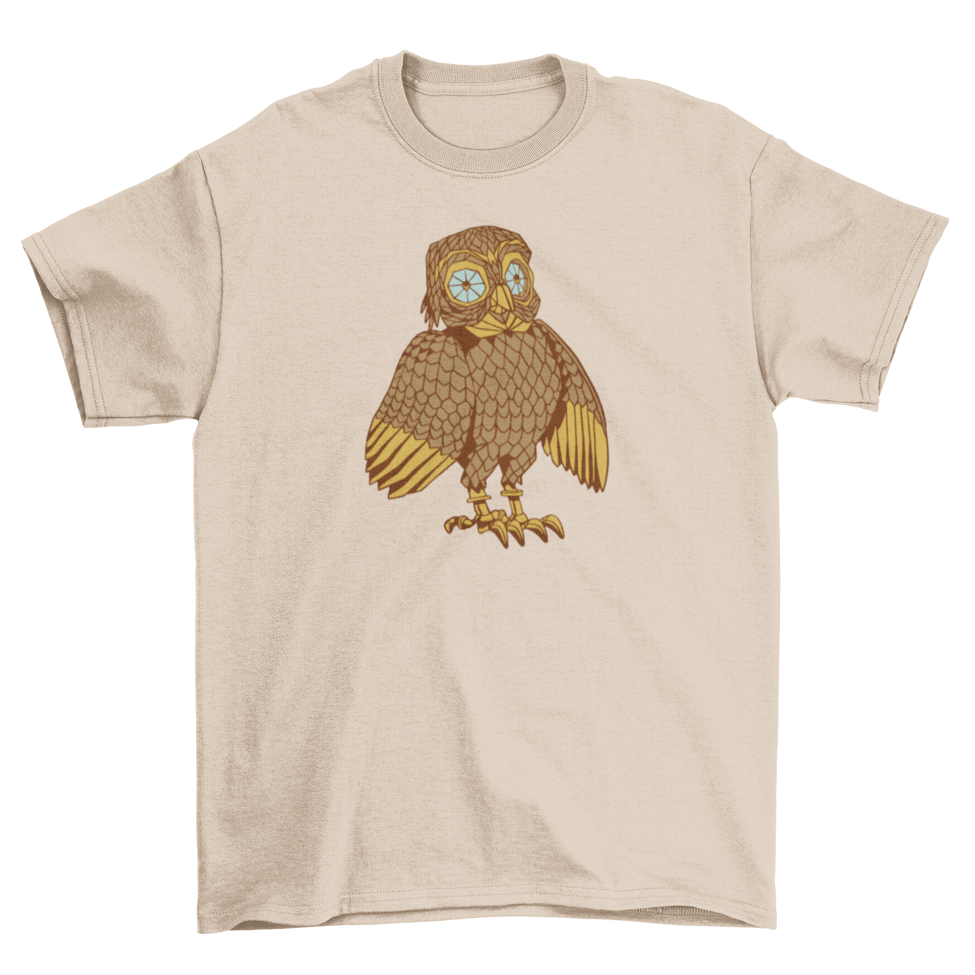 A stylish mechanical owl design on a t-shirt, showcasing intricate steampunk details.