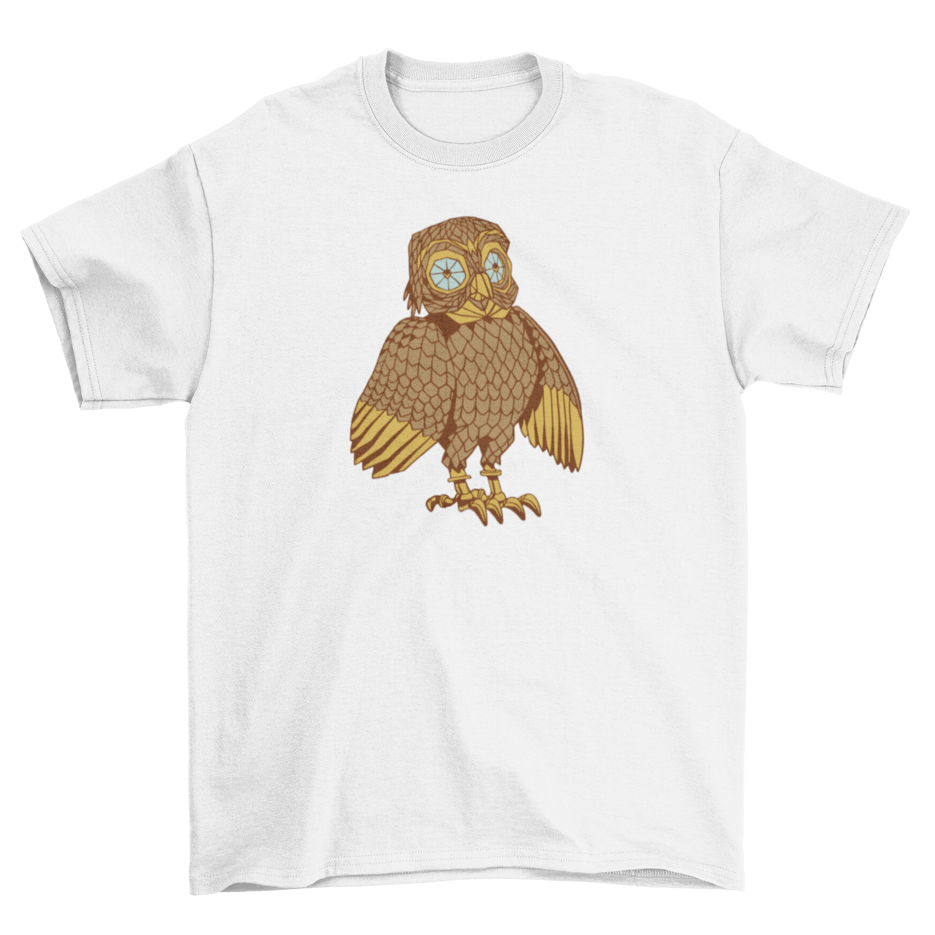 A stylish mechanical owl design on a t-shirt, showcasing intricate steampunk details.