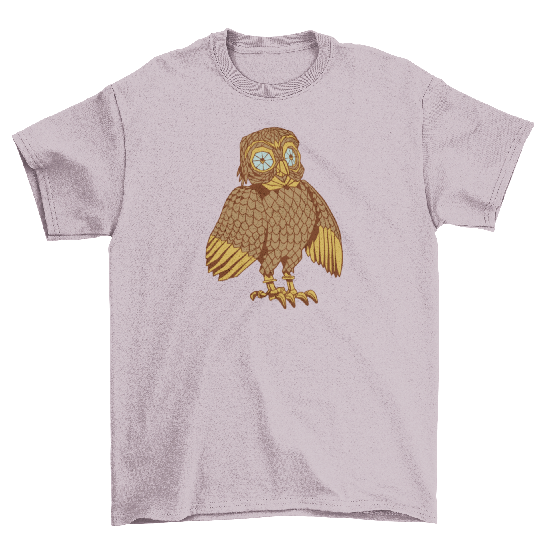 A stylish mechanical owl design on a t-shirt, showcasing intricate steampunk details.