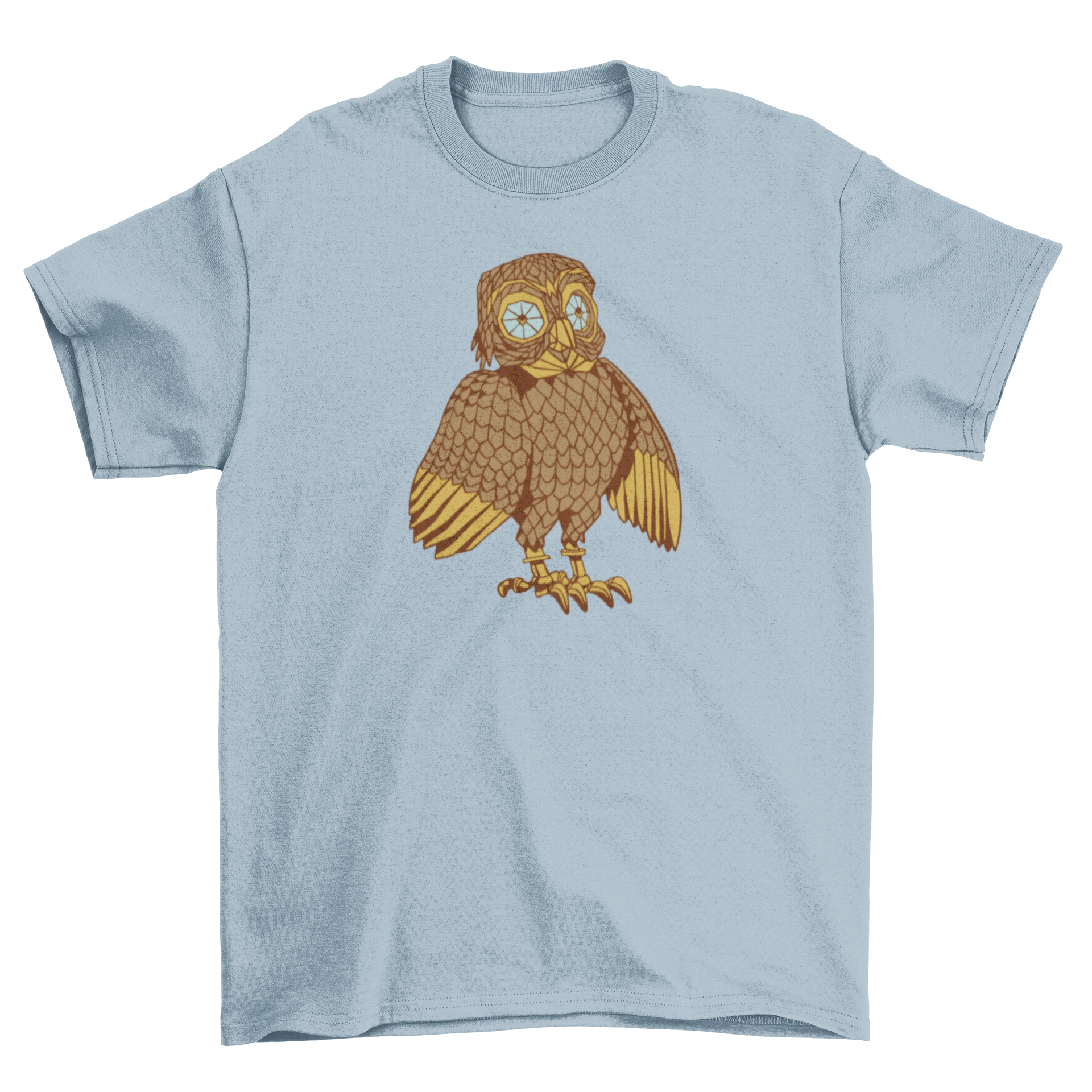 A stylish mechanical owl design on a t-shirt, showcasing intricate steampunk details.