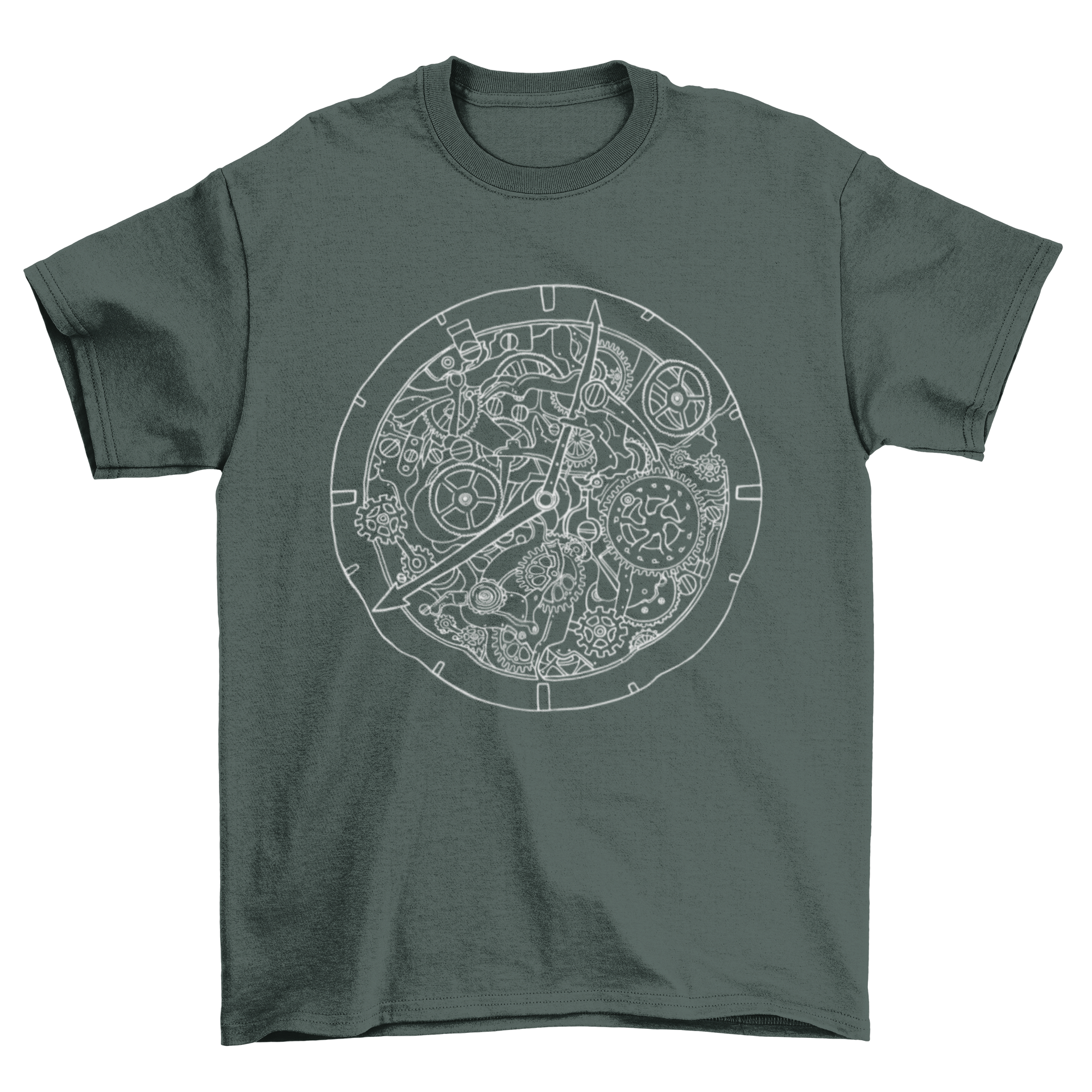 A stylish t-shirt featuring intricate line art of mechanical watch gears and parts, perfect for watch enthusiasts.