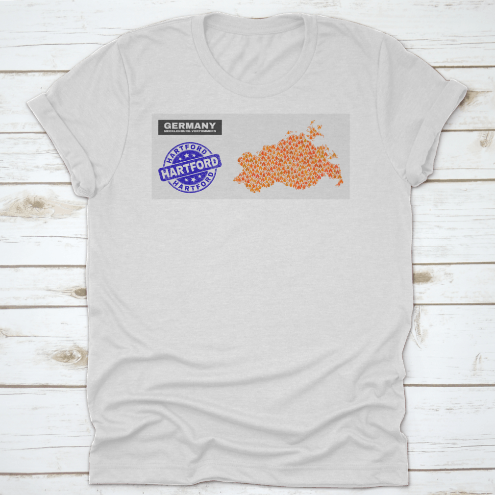 Mecklenburg-Vorpommern Land Map featuring a blue round grunge Hartford stamp design on a cotton garment.