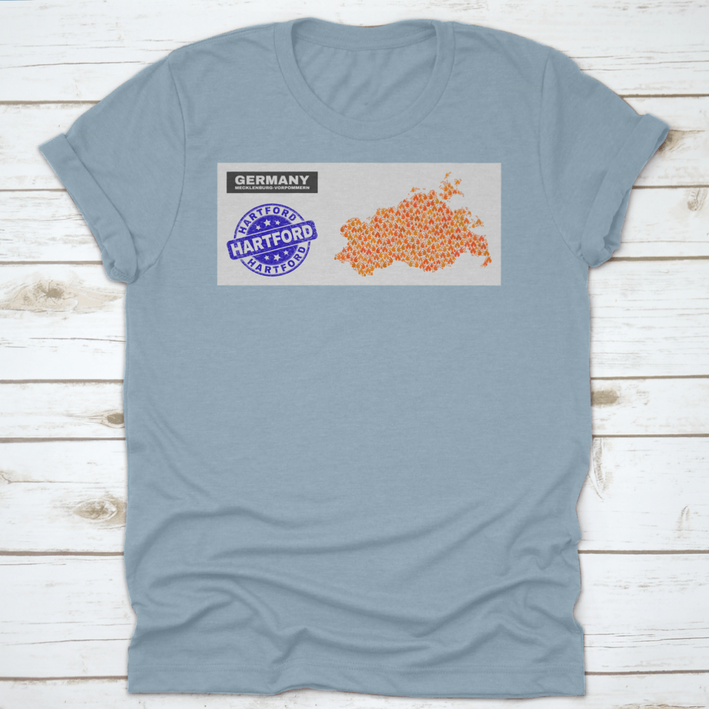 Mecklenburg-Vorpommern Land Map featuring a blue round grunge Hartford stamp design on a cotton garment.