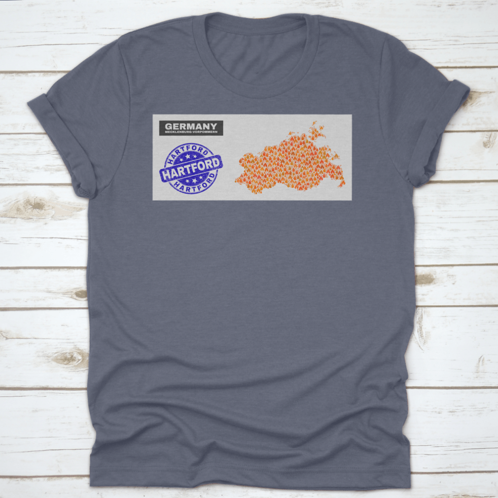 Mecklenburg-Vorpommern Land Map featuring a blue round grunge Hartford stamp design on a cotton garment.