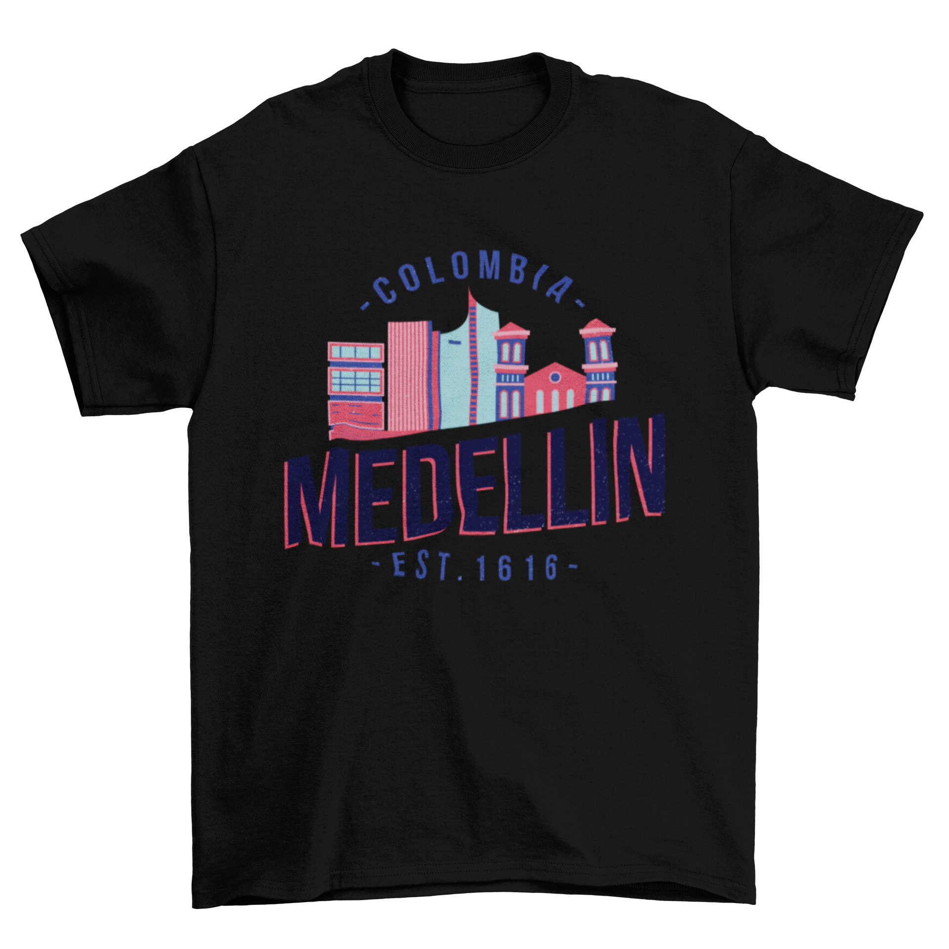 Medellin T-shirt featuring a vector design of iconic city buildings in Colombia.