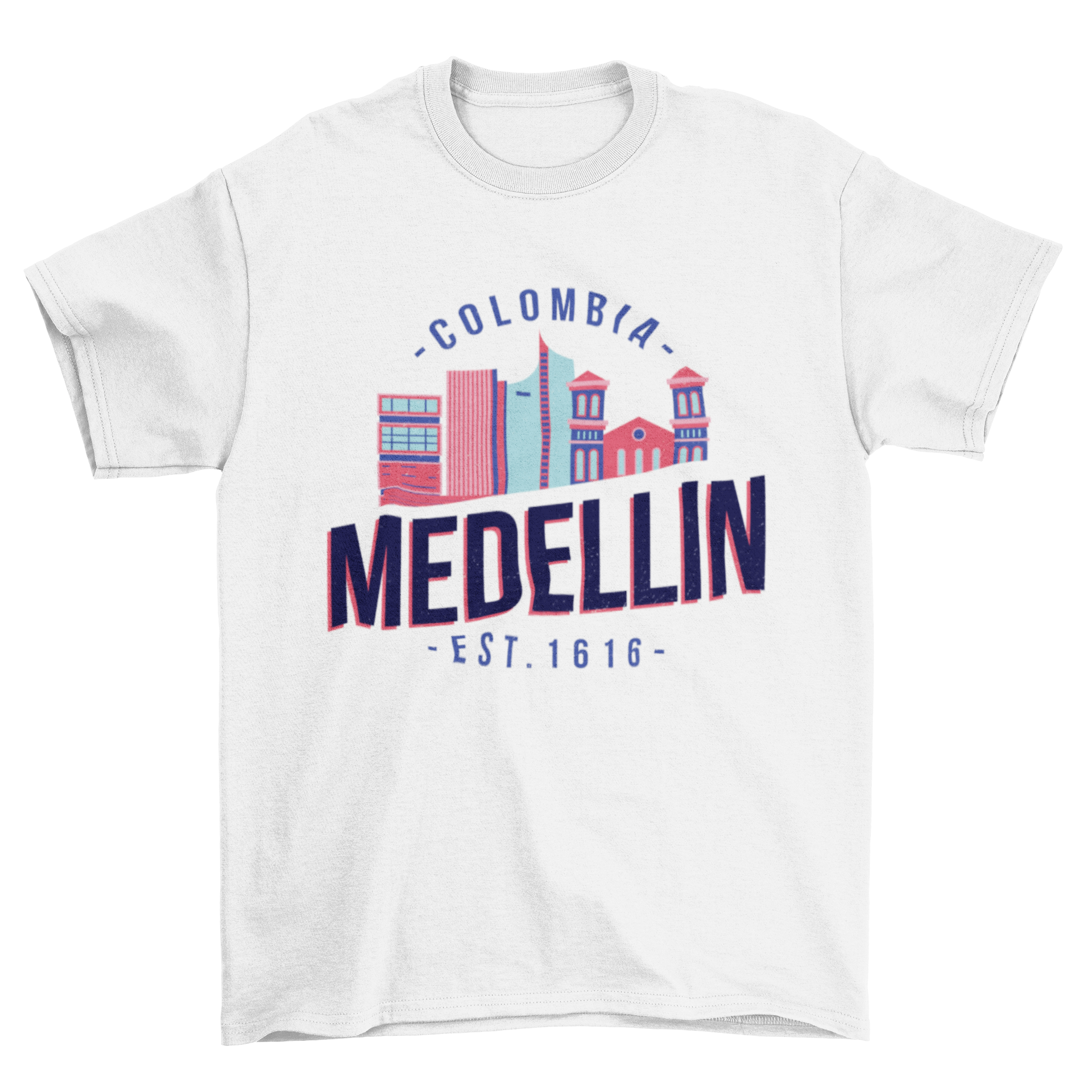 Medellin T-shirt featuring a vector design of iconic city buildings in Colombia.