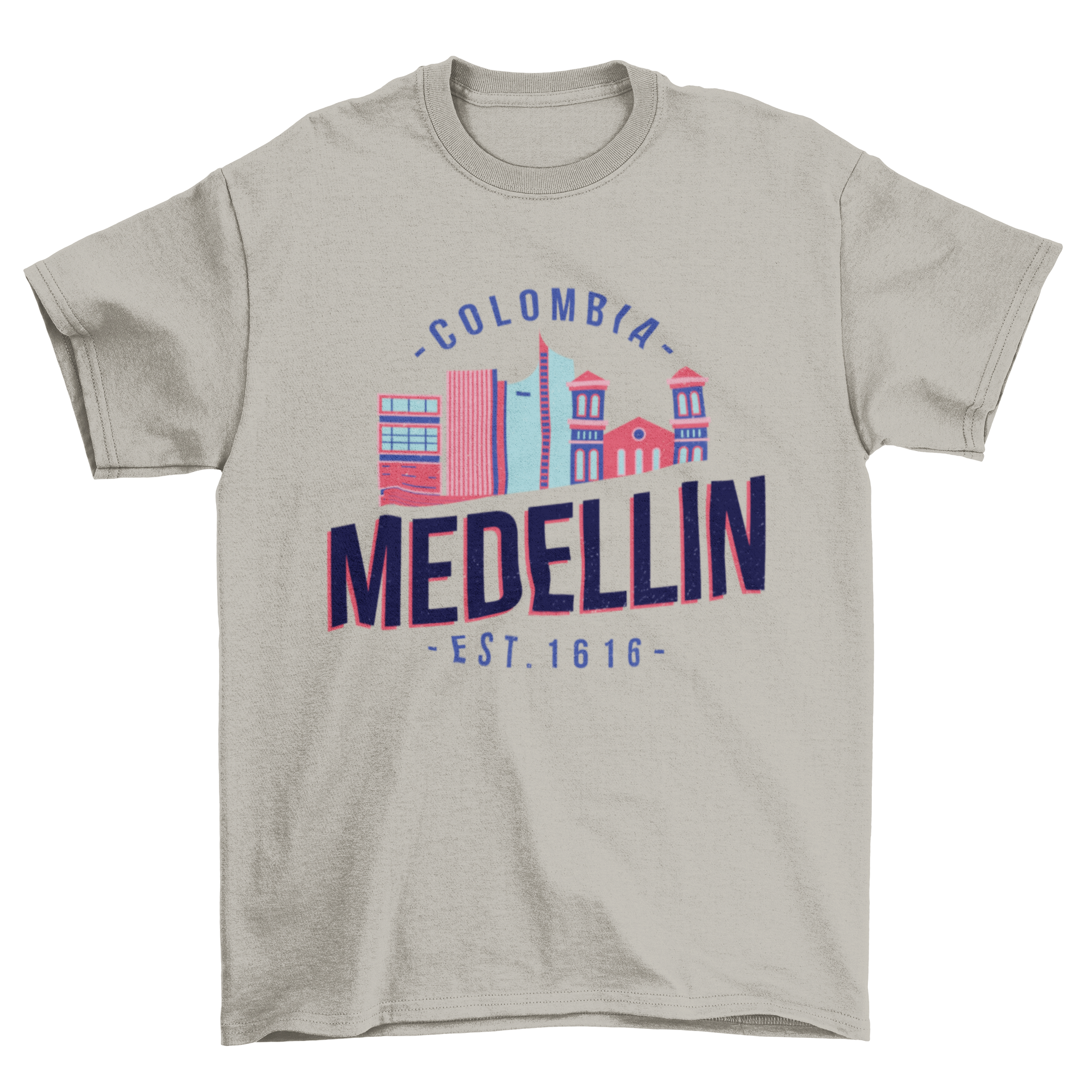 Medellin T-shirt featuring a vector design of iconic city buildings in Colombia.