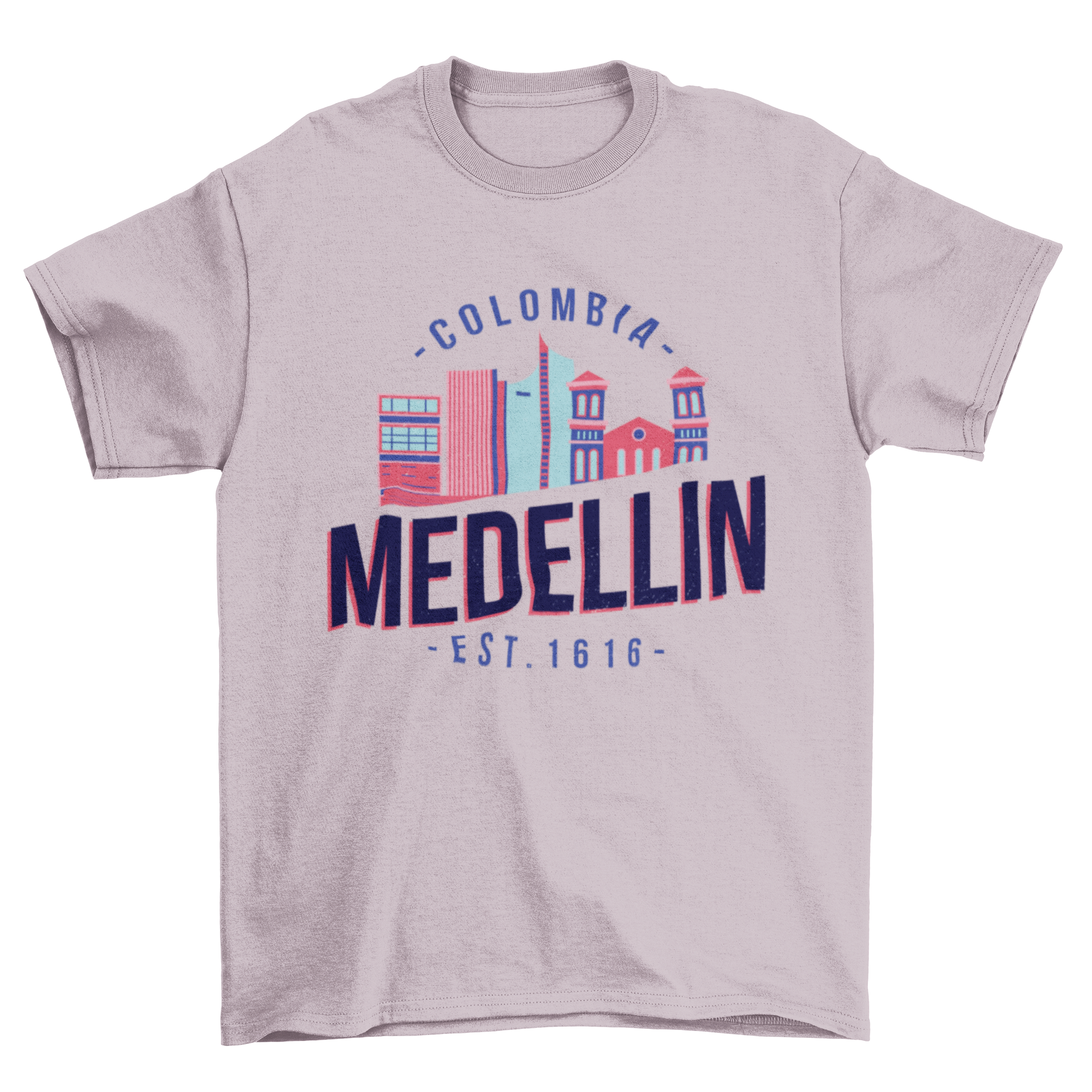 Medellin T-shirt featuring a vector design of iconic city buildings in Colombia.