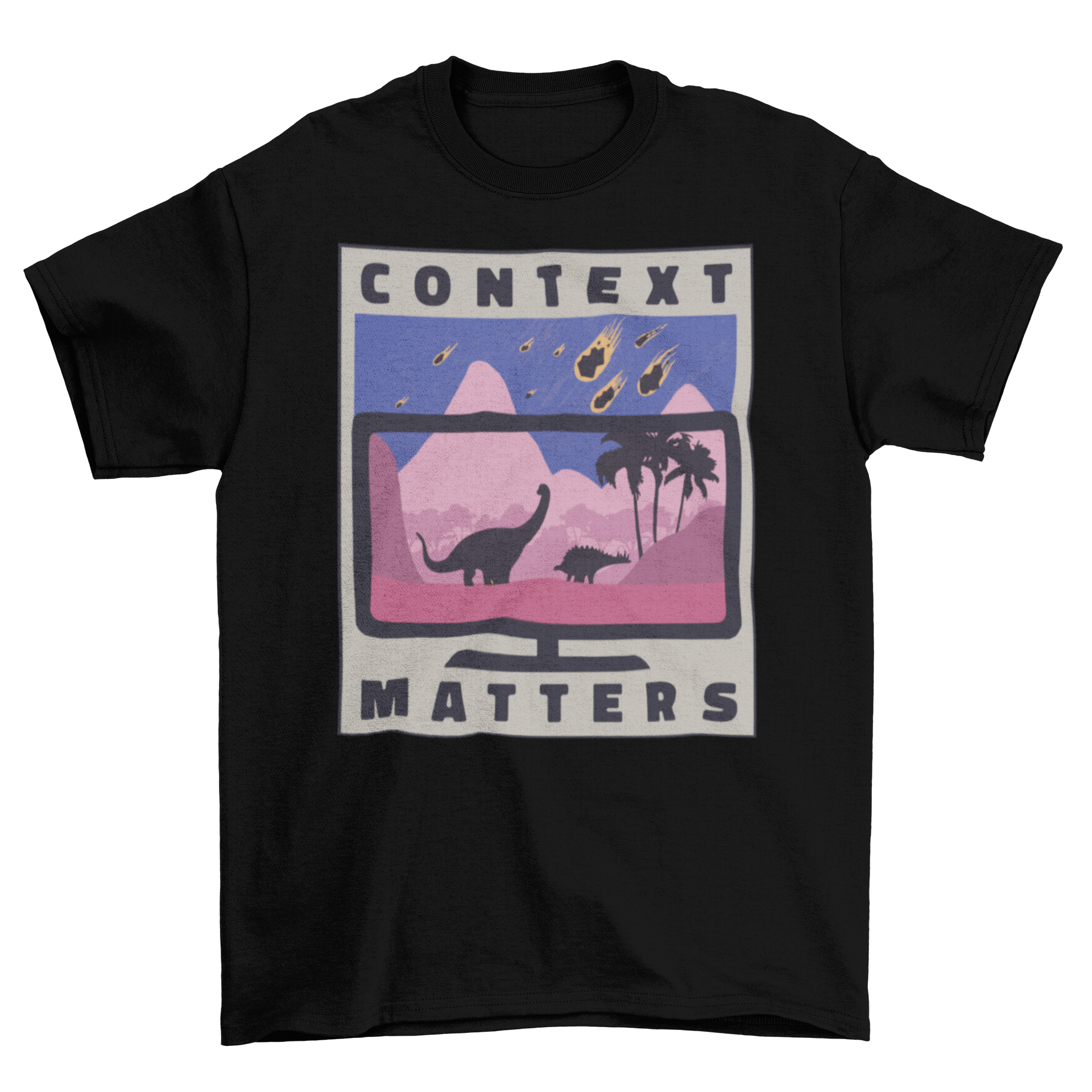 Media Context Conceptual T-Shirt featuring a TV displaying a dinosaur landscape design, showcasing vibrant colors and intricate details.