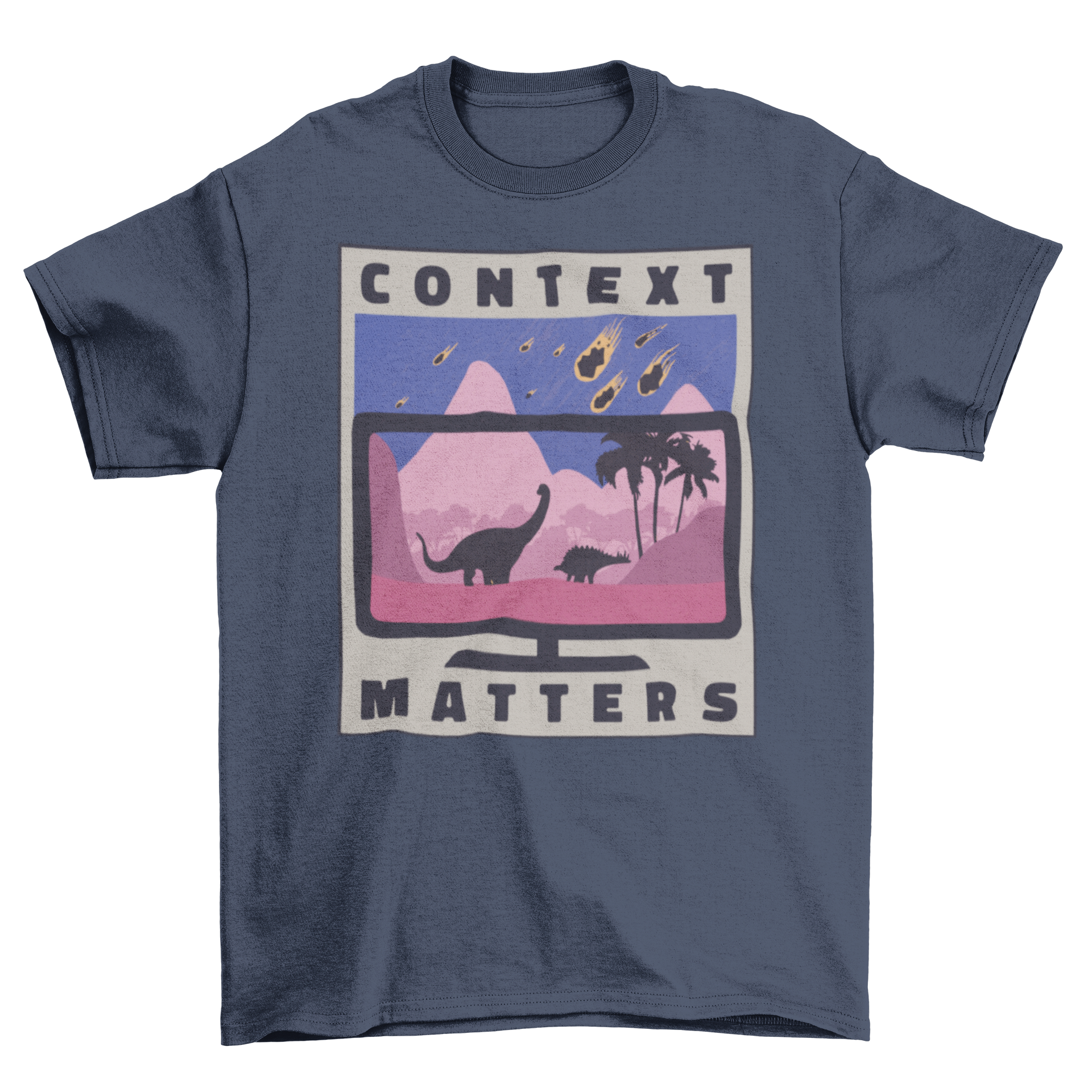 Media Context Conceptual T-Shirt featuring a TV displaying a dinosaur landscape design, showcasing vibrant colors and intricate details.