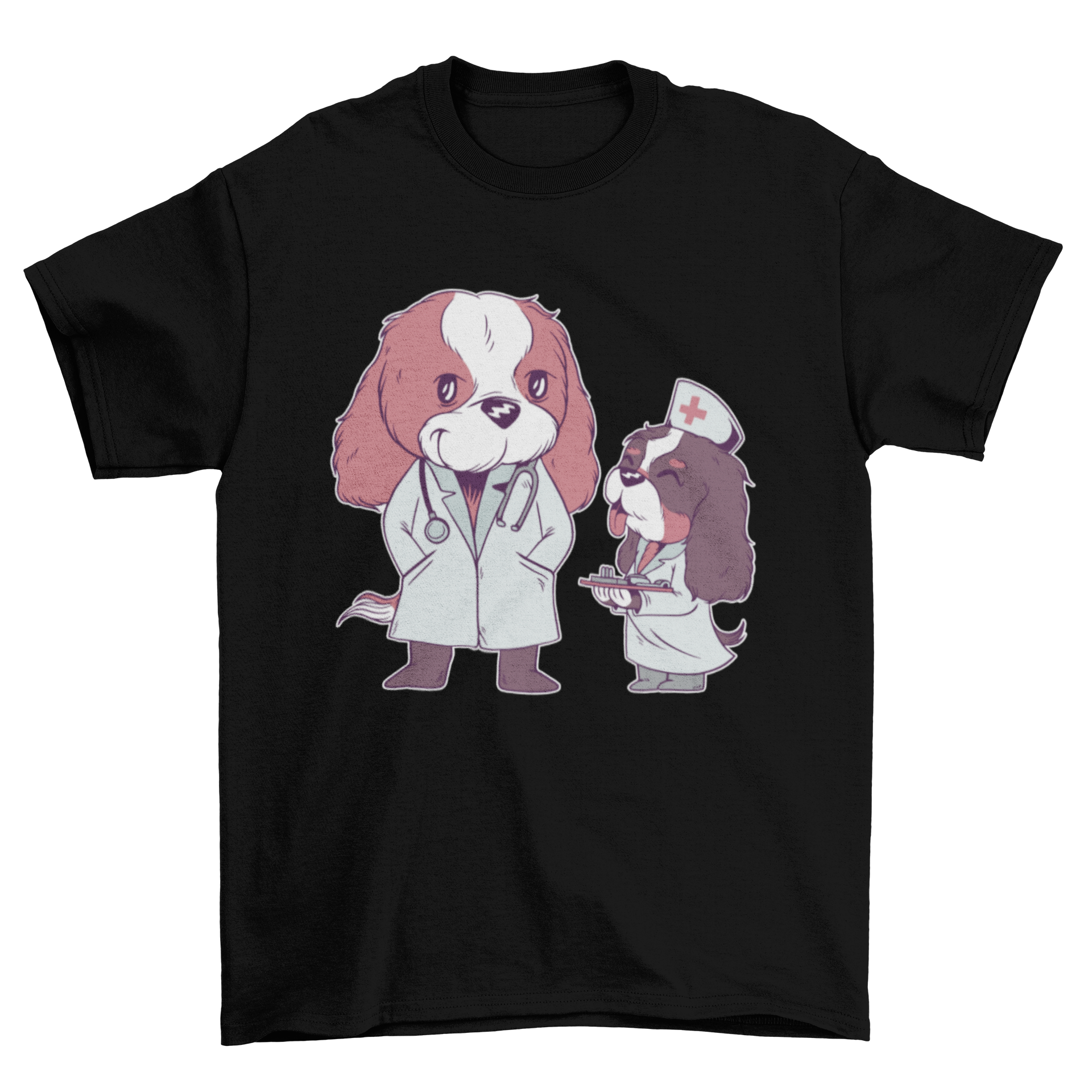 Medical Cavaliers T-shirt featuring two Cavalier King Charles Spaniel dogs in medical staff clothing, showcasing a unique and playful design.