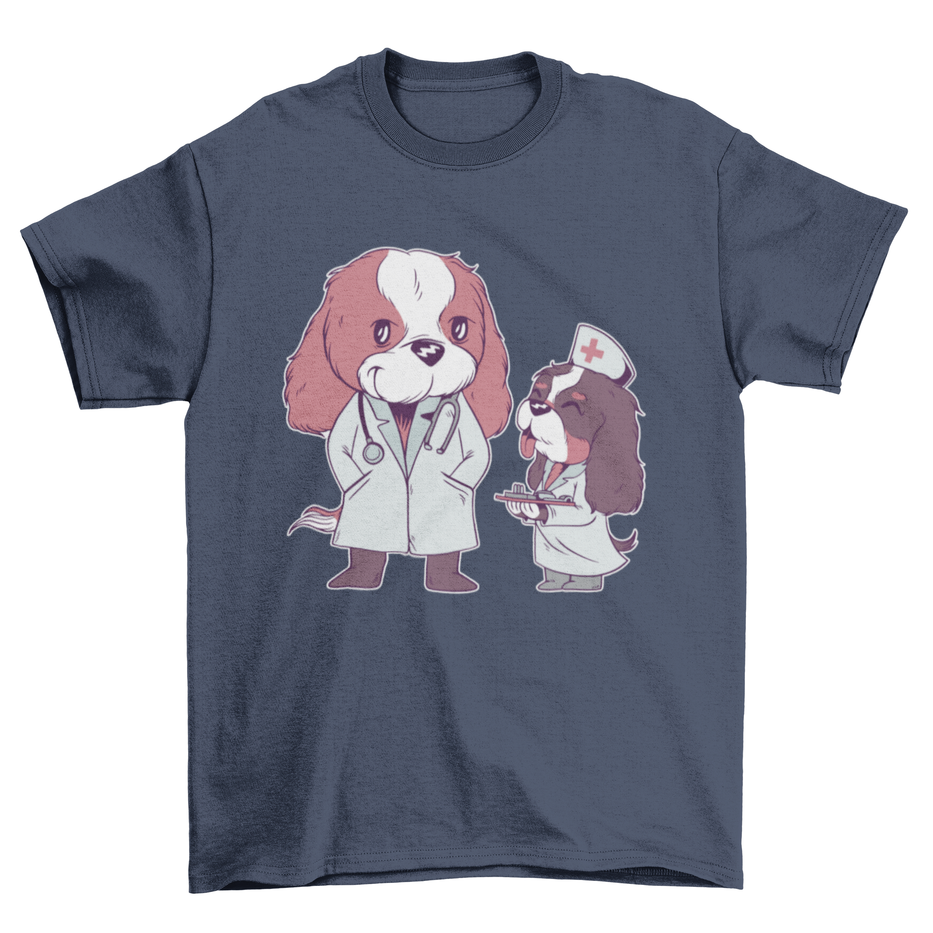 Medical Cavaliers T-shirt featuring two Cavalier King Charles Spaniel dogs in medical staff clothing, showcasing a unique and playful design.