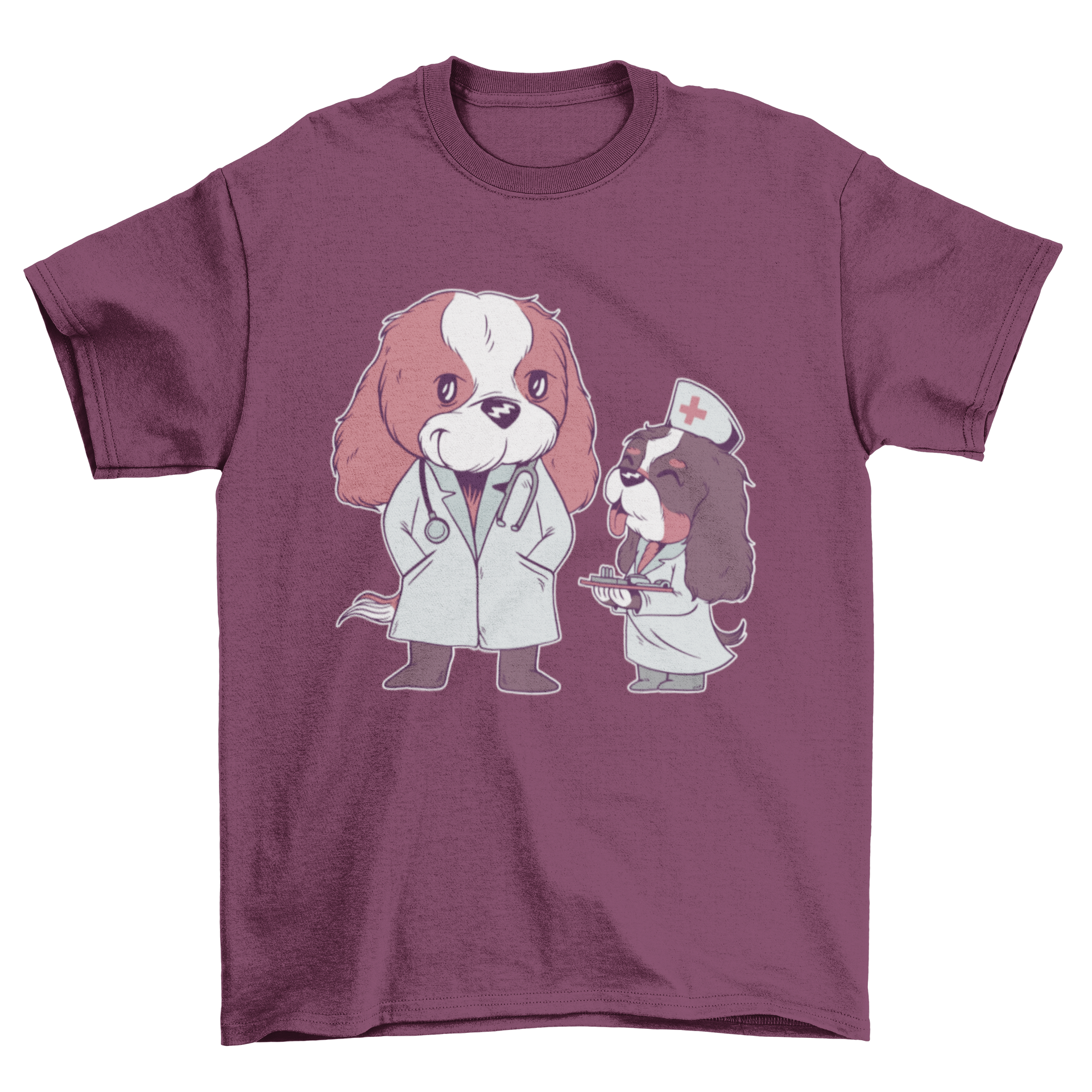 Medical Cavaliers T-shirt featuring two Cavalier King Charles Spaniel dogs in medical staff clothing, showcasing a unique and playful design.