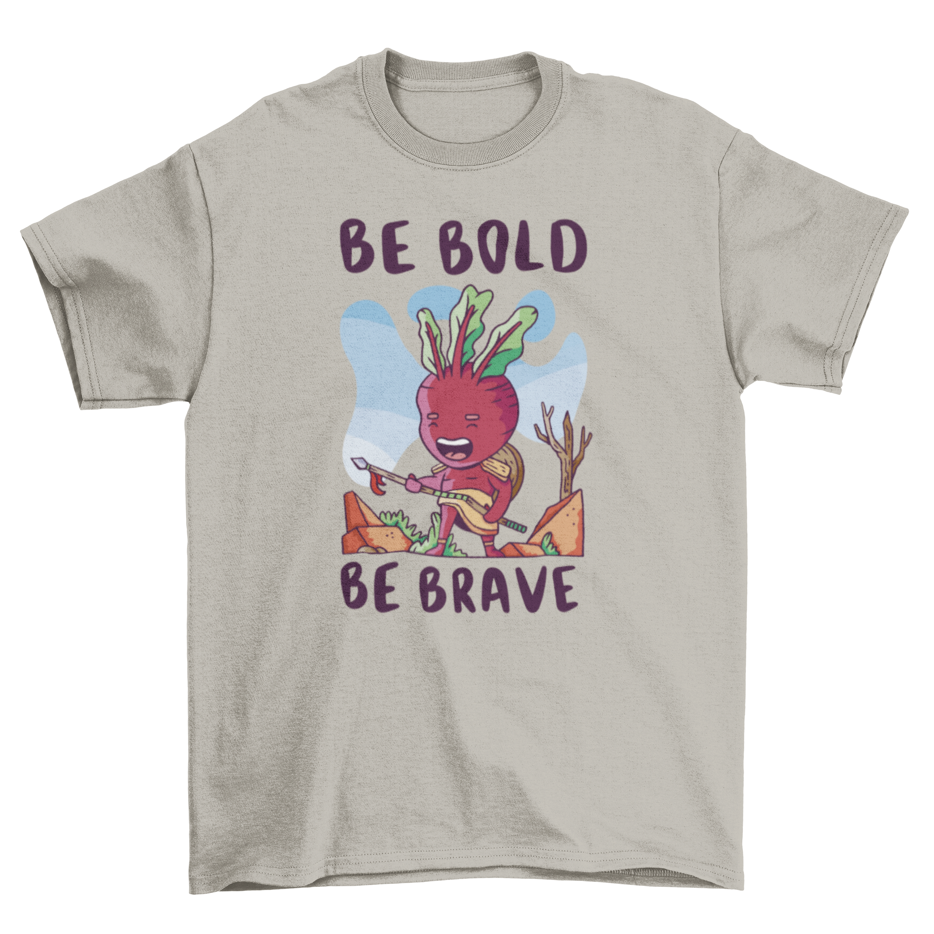 A whimsical t-shirt featuring a medieval beetroot character design, showcasing vibrant colors and a playful illustration.