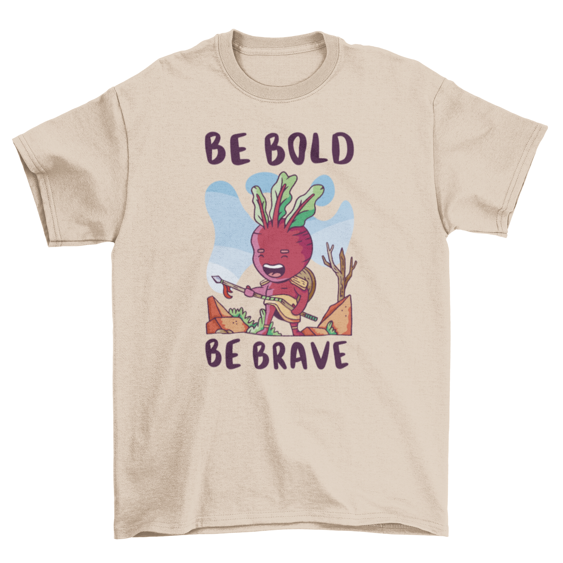 A whimsical t-shirt featuring a medieval beetroot character design, showcasing vibrant colors and a playful illustration.