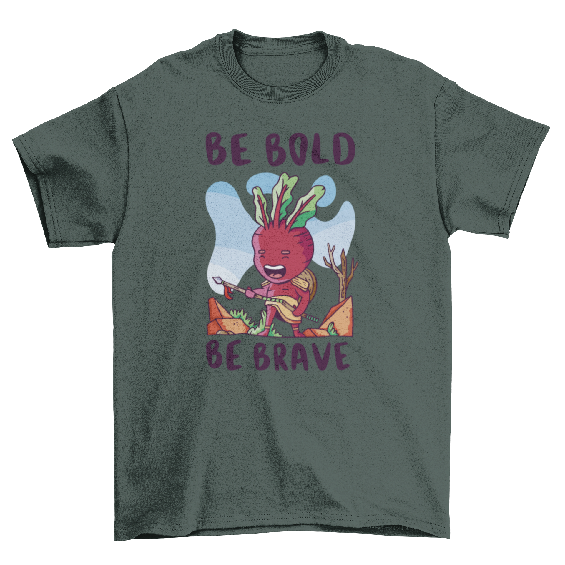 A whimsical t-shirt featuring a medieval beetroot character design, showcasing vibrant colors and a playful illustration.