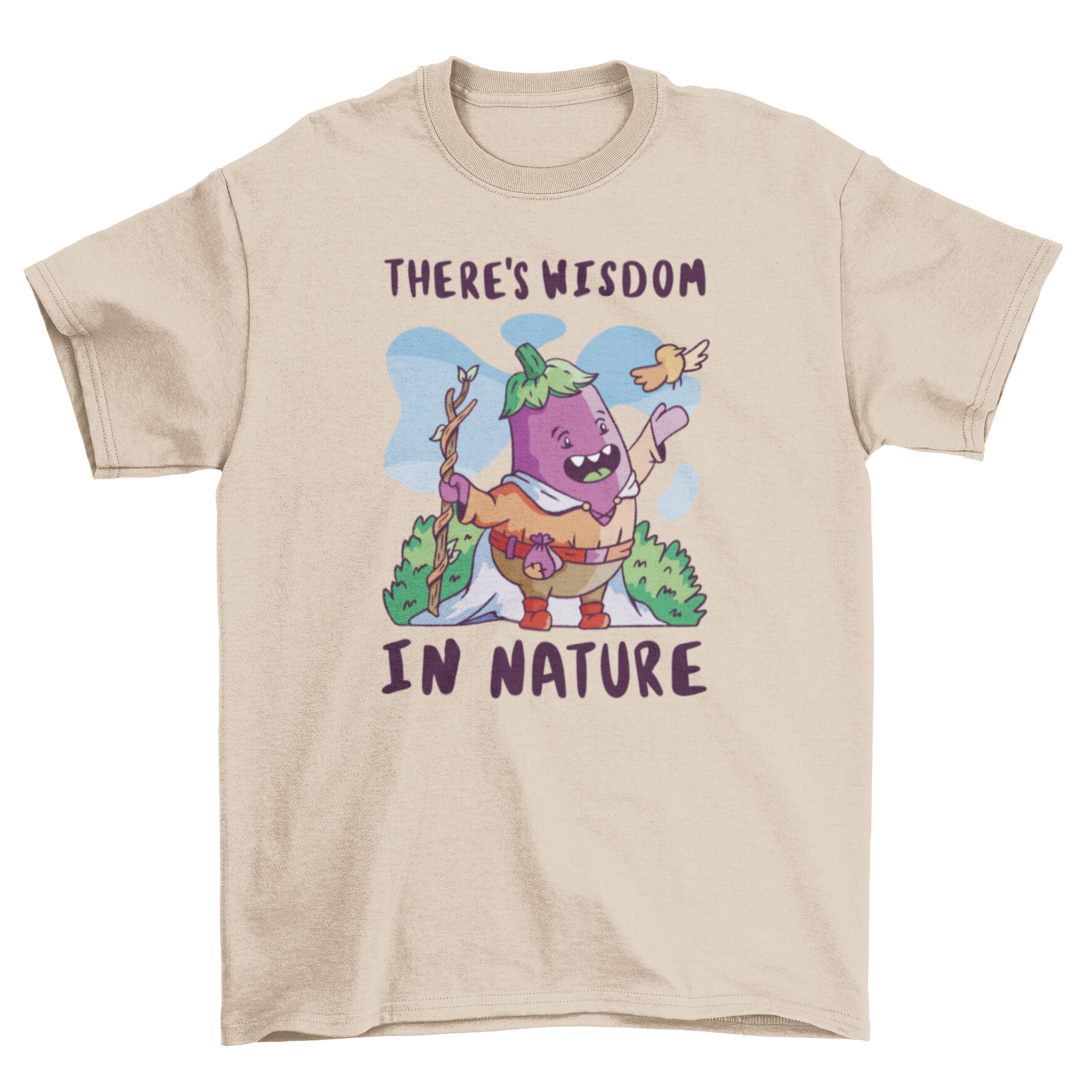 A whimsical medieval eggplant character t-shirt with the quote 'There's wisdom in nature'.