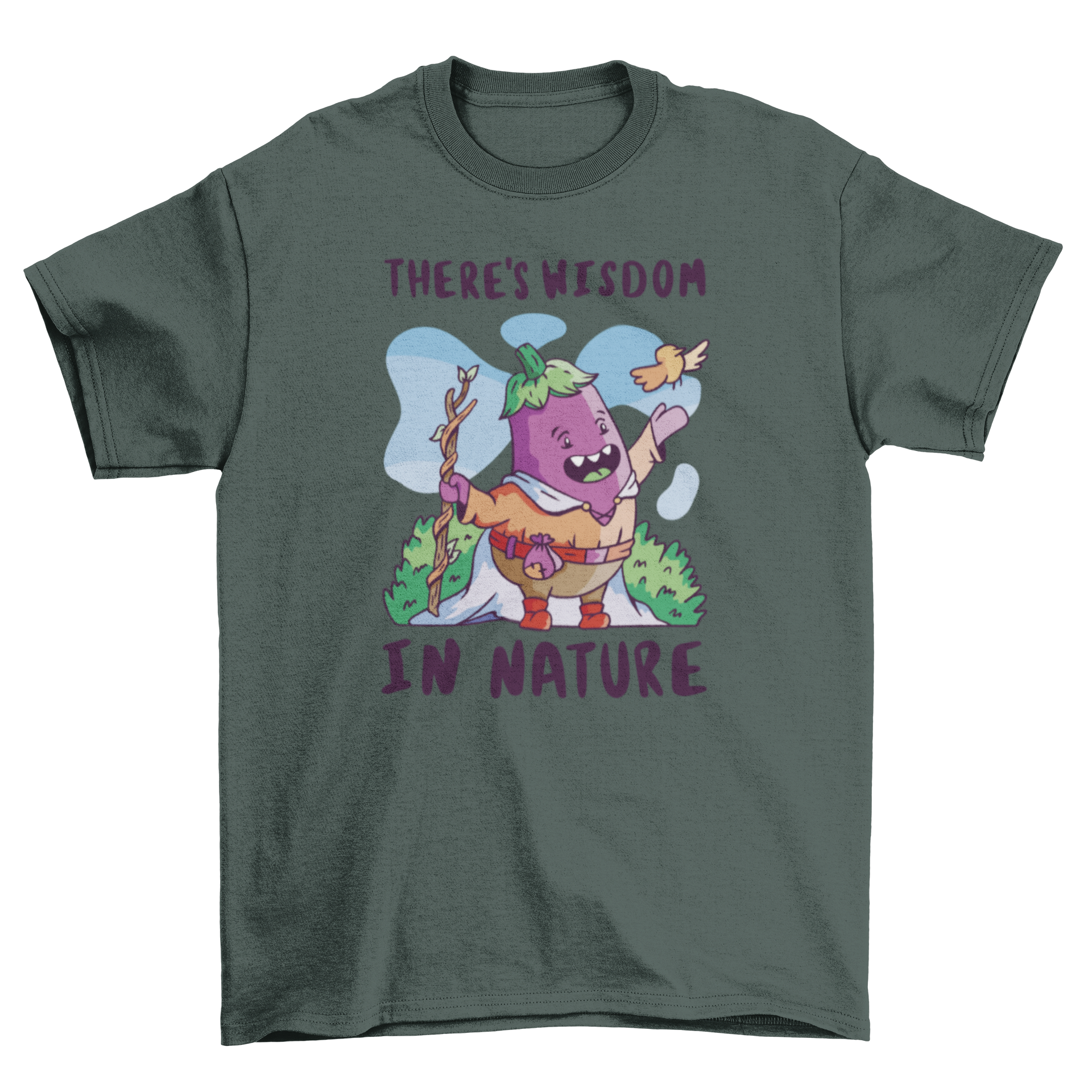 A whimsical medieval eggplant character t-shirt with the quote 'There's wisdom in nature'.