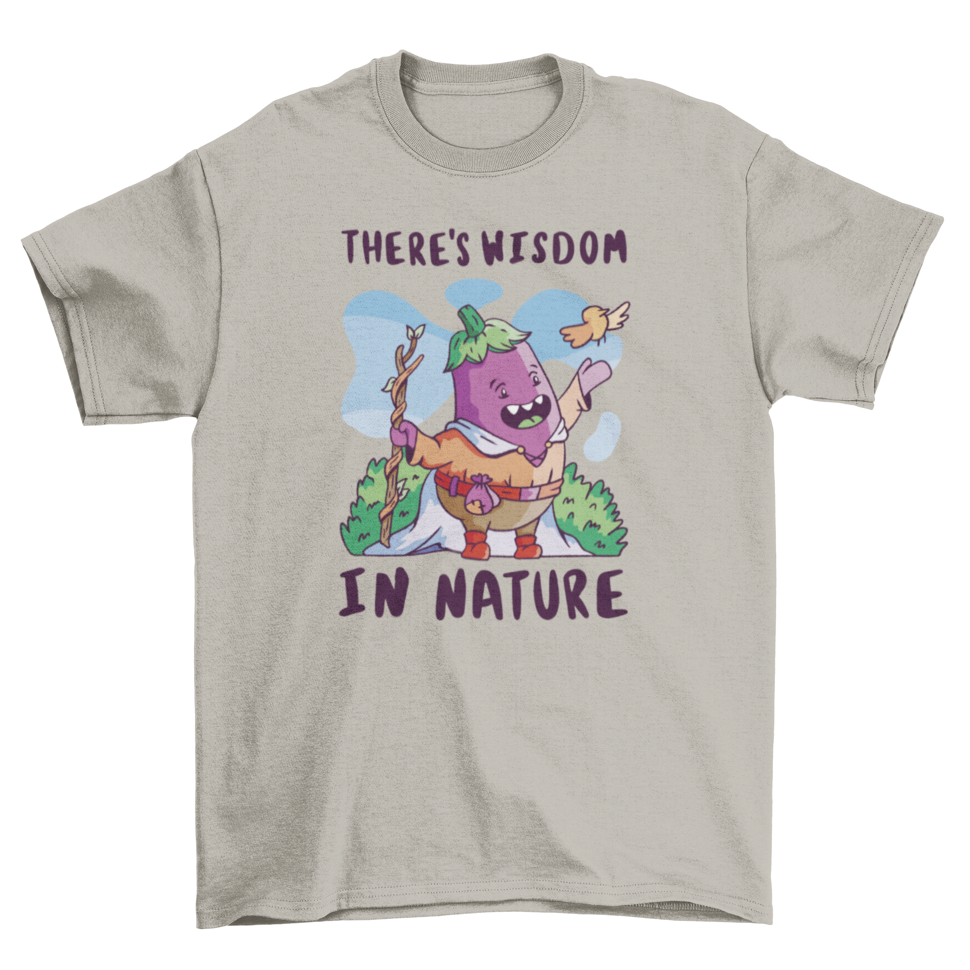 A whimsical medieval eggplant character t-shirt with the quote 'There's wisdom in nature'.