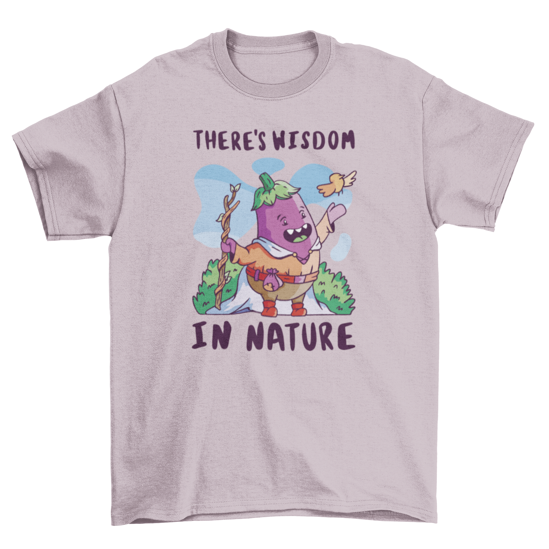 A whimsical medieval eggplant character t-shirt with the quote 'There's wisdom in nature'.