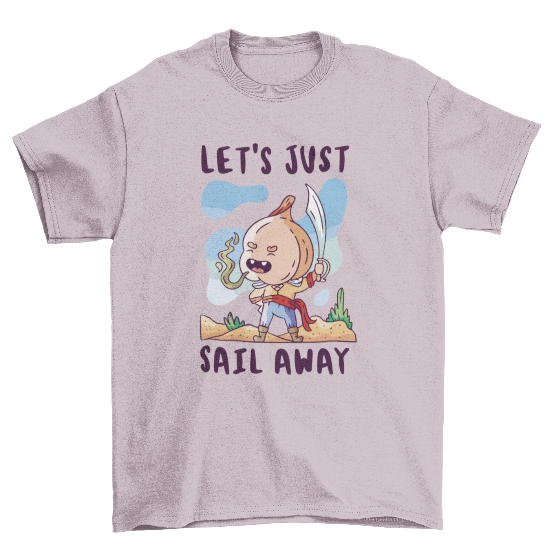 A whimsical t-shirt featuring a garlic sailor character with the quote 'Let's just sail away', perfect for garlic lovers.