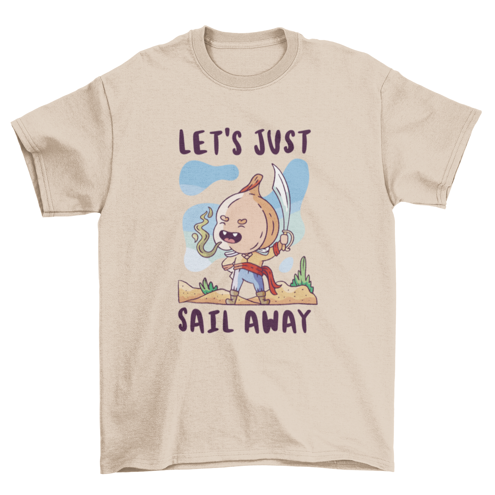 A whimsical t-shirt featuring a garlic sailor character with the quote 'Let's just sail away', perfect for garlic lovers.