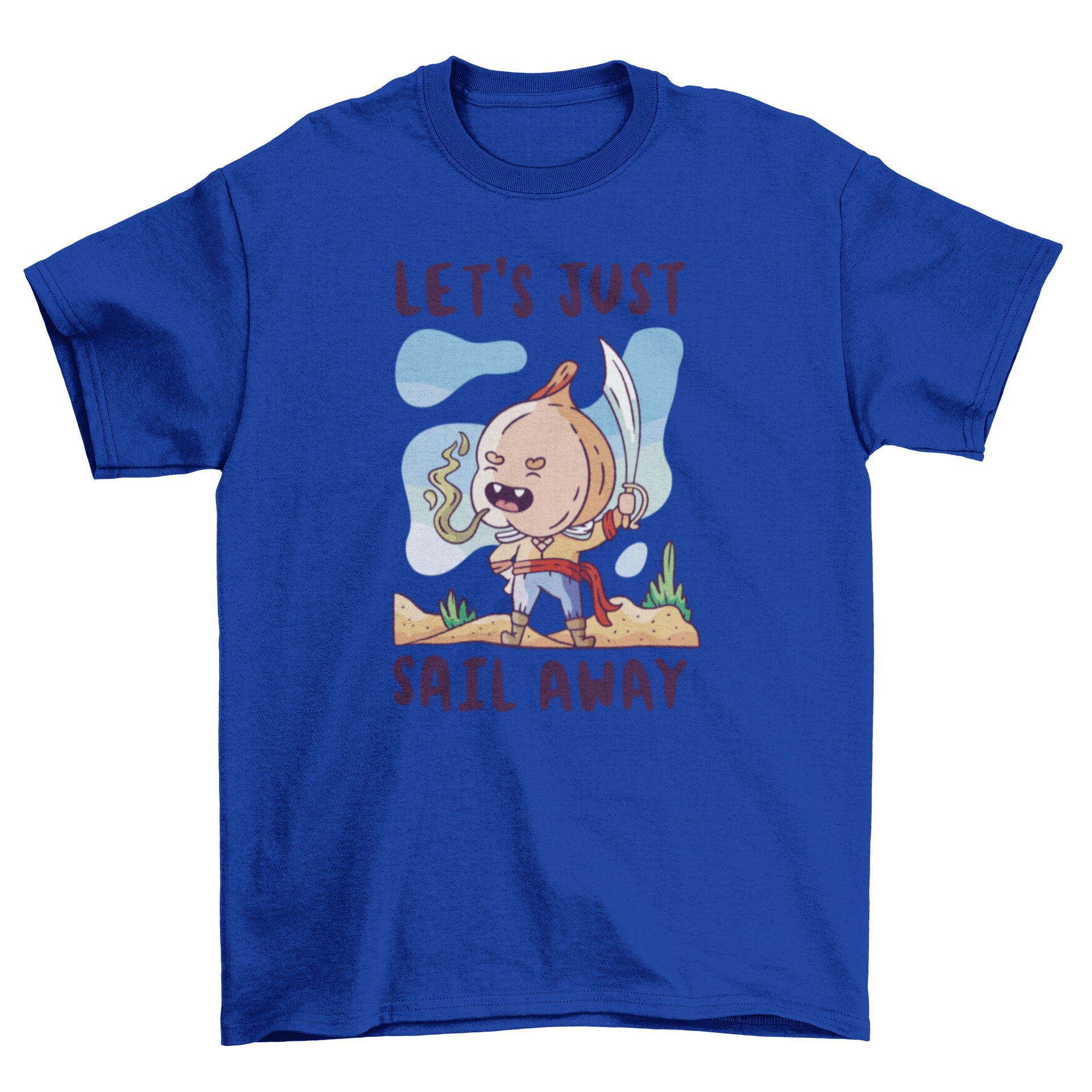 A whimsical t-shirt featuring a garlic sailor character with the quote 'Let's just sail away', perfect for garlic lovers.