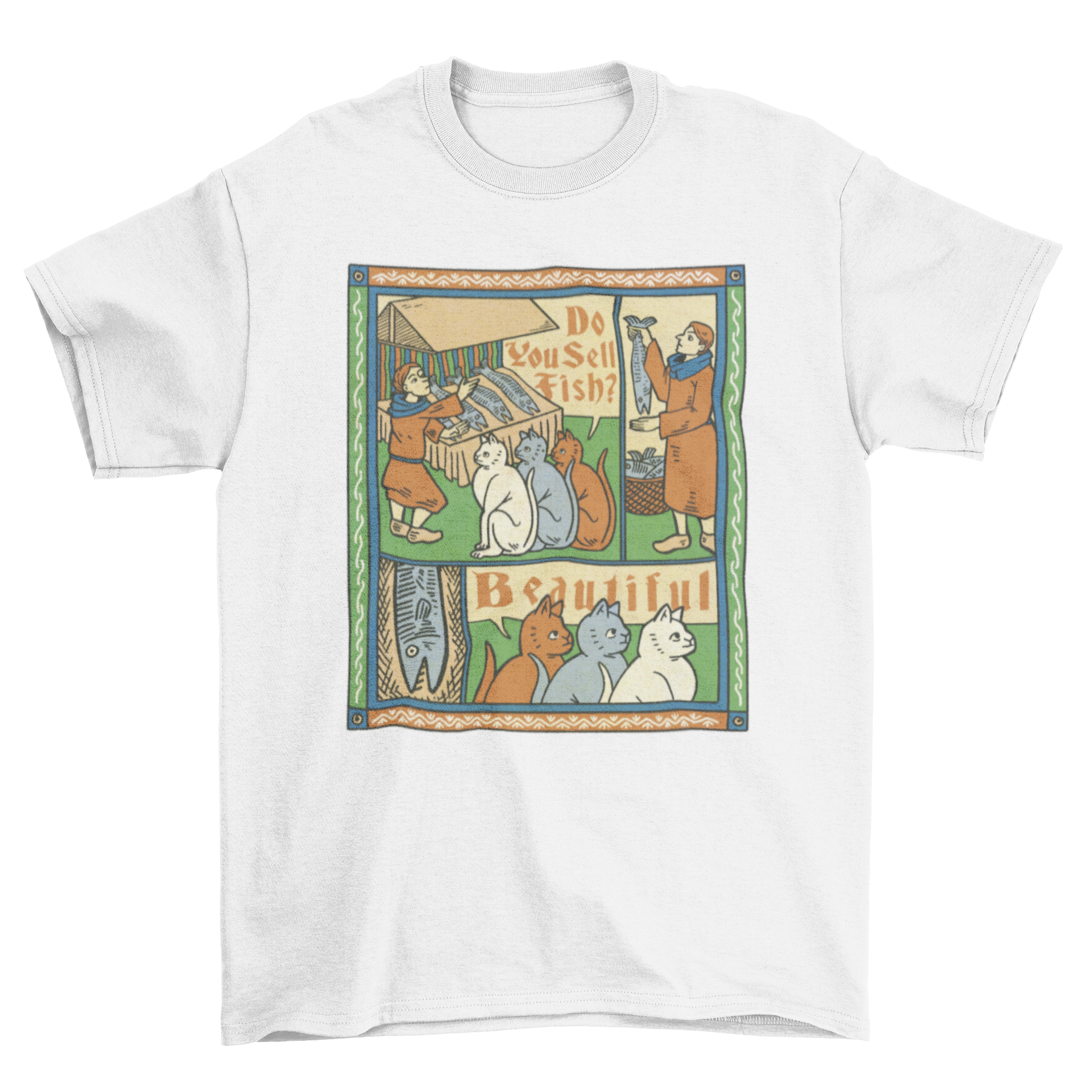 A whimsical medieval painting featuring three cats buying fish, printed on a comfortable t-shirt.