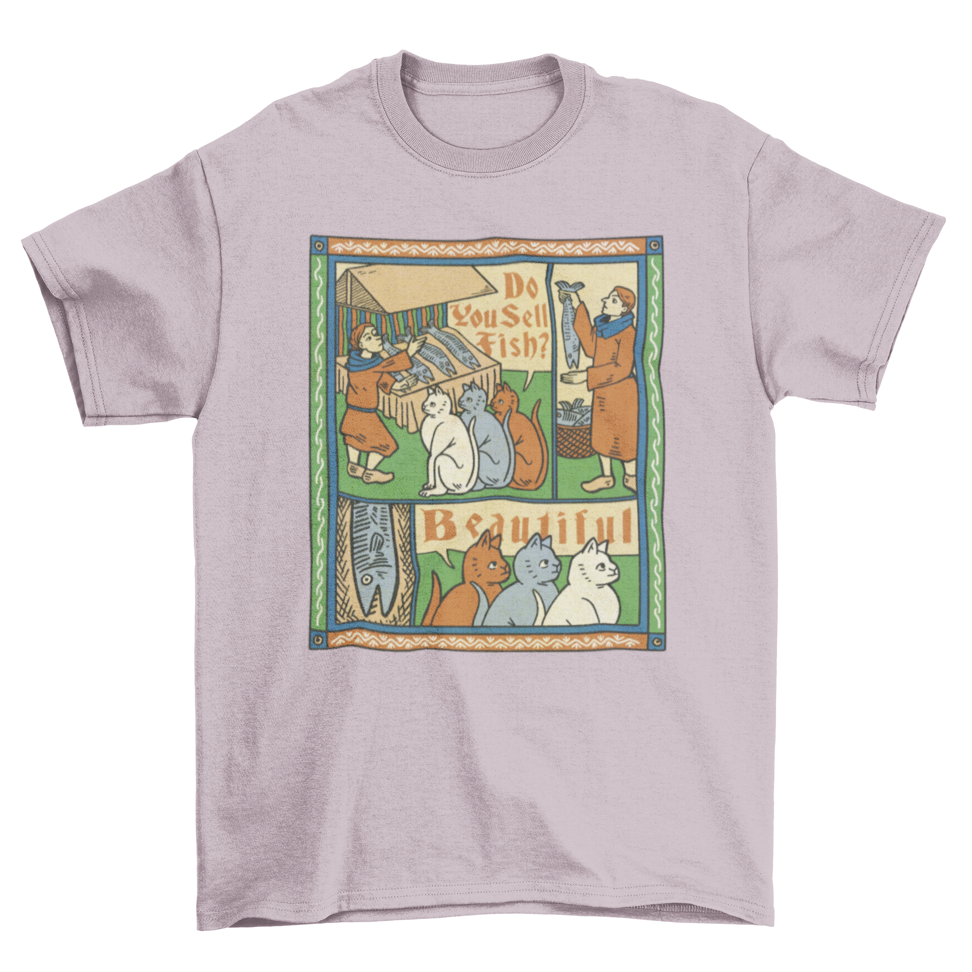 A whimsical medieval painting featuring three cats buying fish, printed on a comfortable t-shirt.