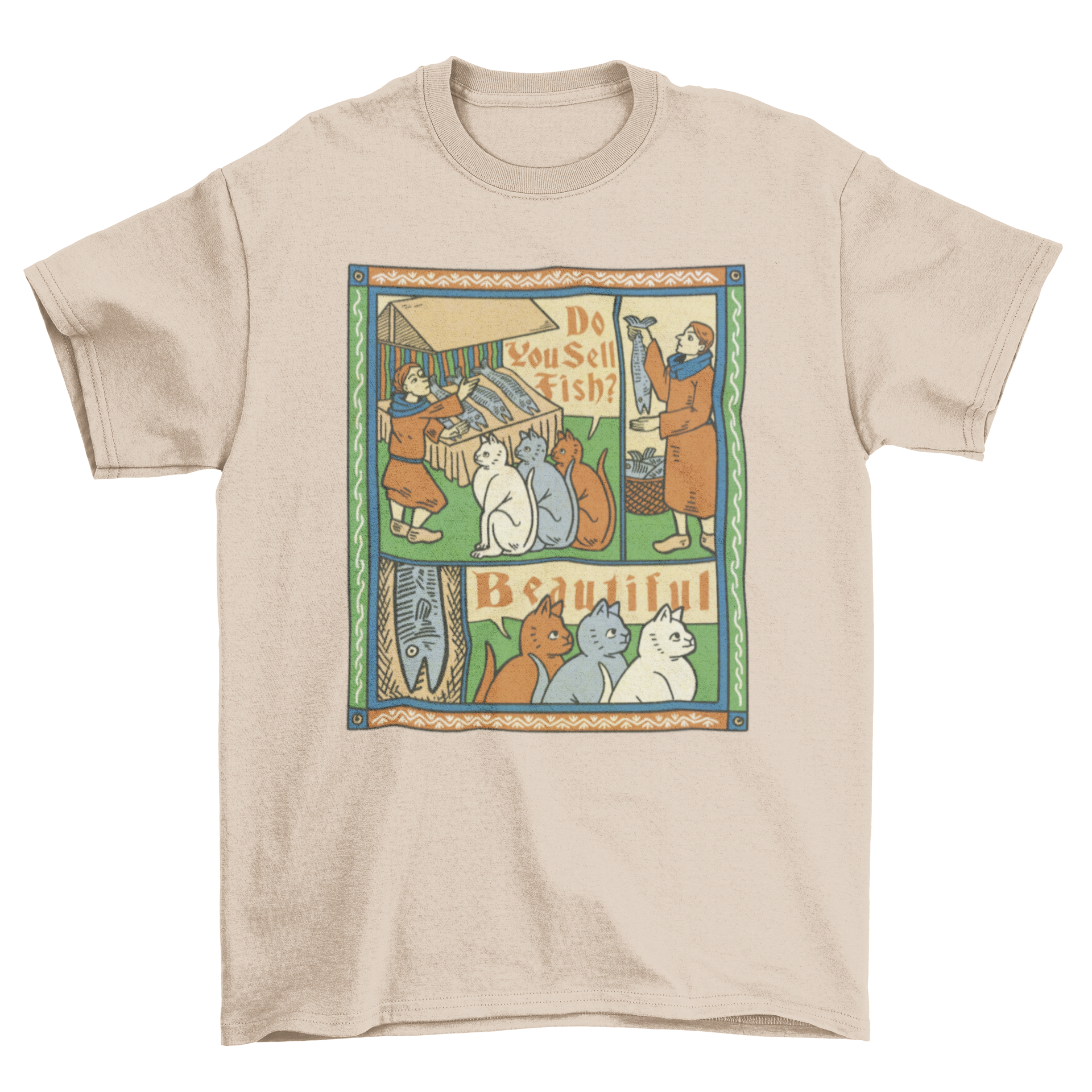 A whimsical medieval painting featuring three cats buying fish, printed on a comfortable t-shirt.