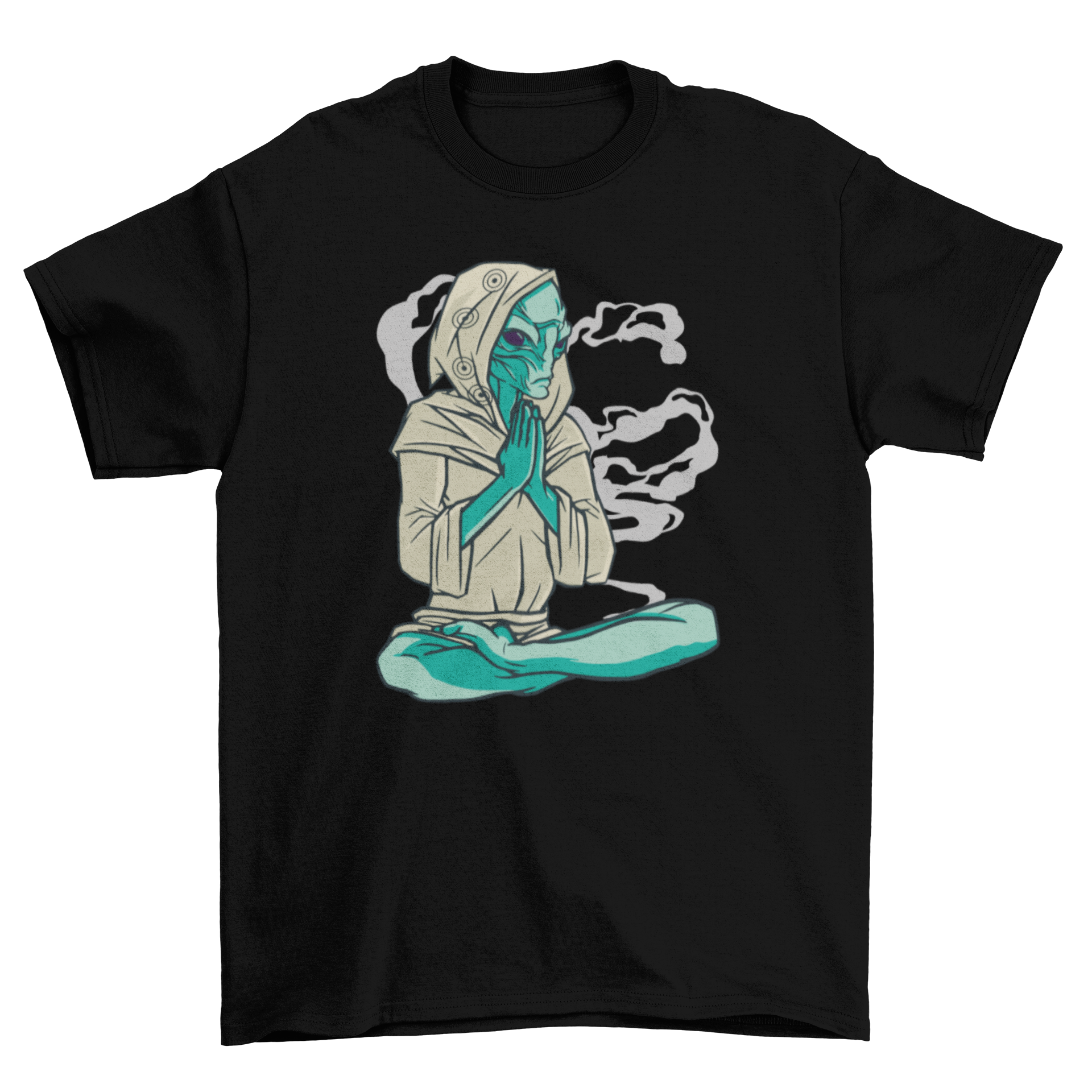 A stylish t-shirt featuring an alien in a lotus pose with chakra symbols, perfect for yoga enthusiasts.