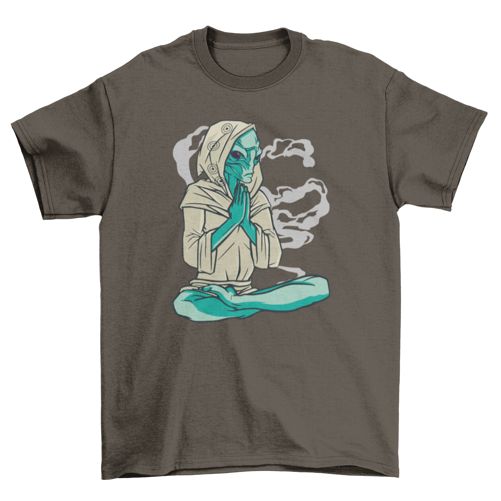 A stylish t-shirt featuring an alien in a lotus pose with chakra symbols, perfect for yoga enthusiasts.