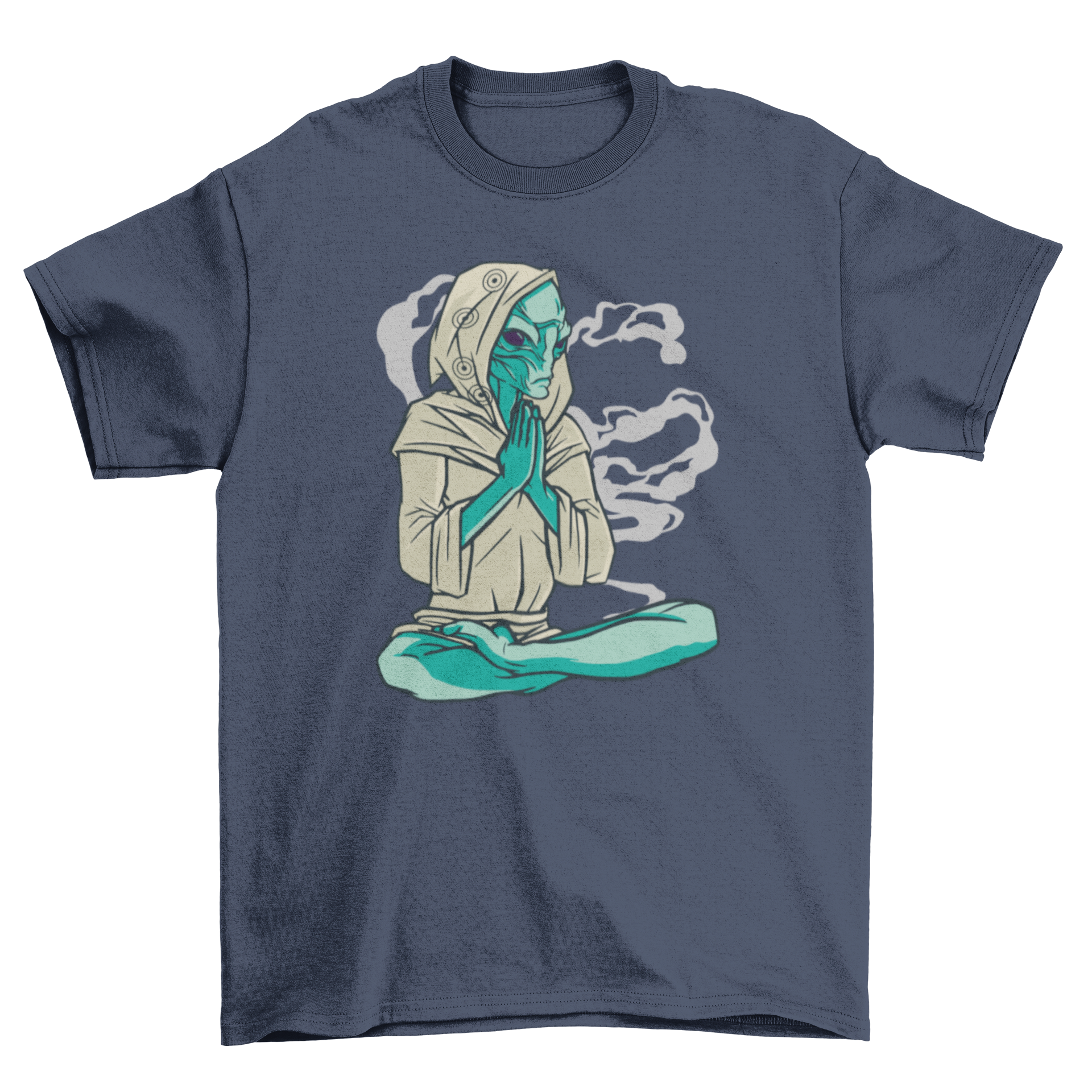 A stylish t-shirt featuring an alien in a lotus pose with chakra symbols, perfect for yoga enthusiasts.