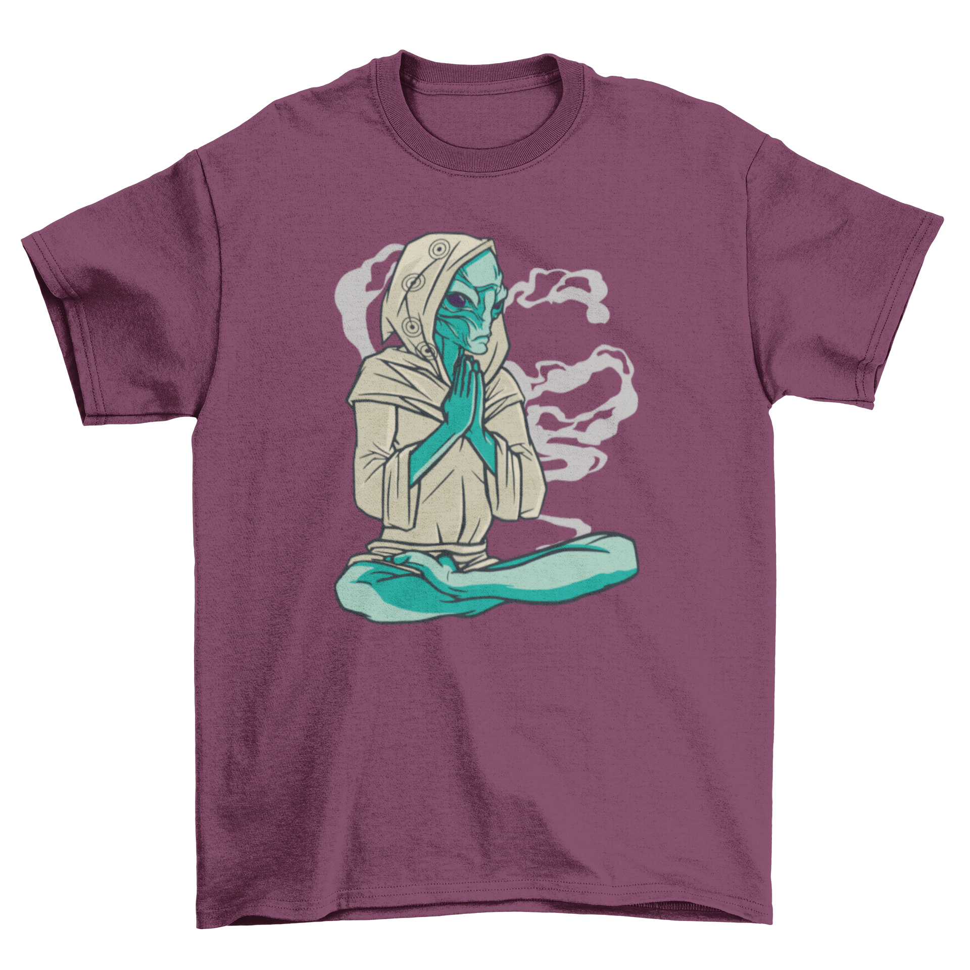 A stylish t-shirt featuring an alien in a lotus pose with chakra symbols, perfect for yoga enthusiasts.