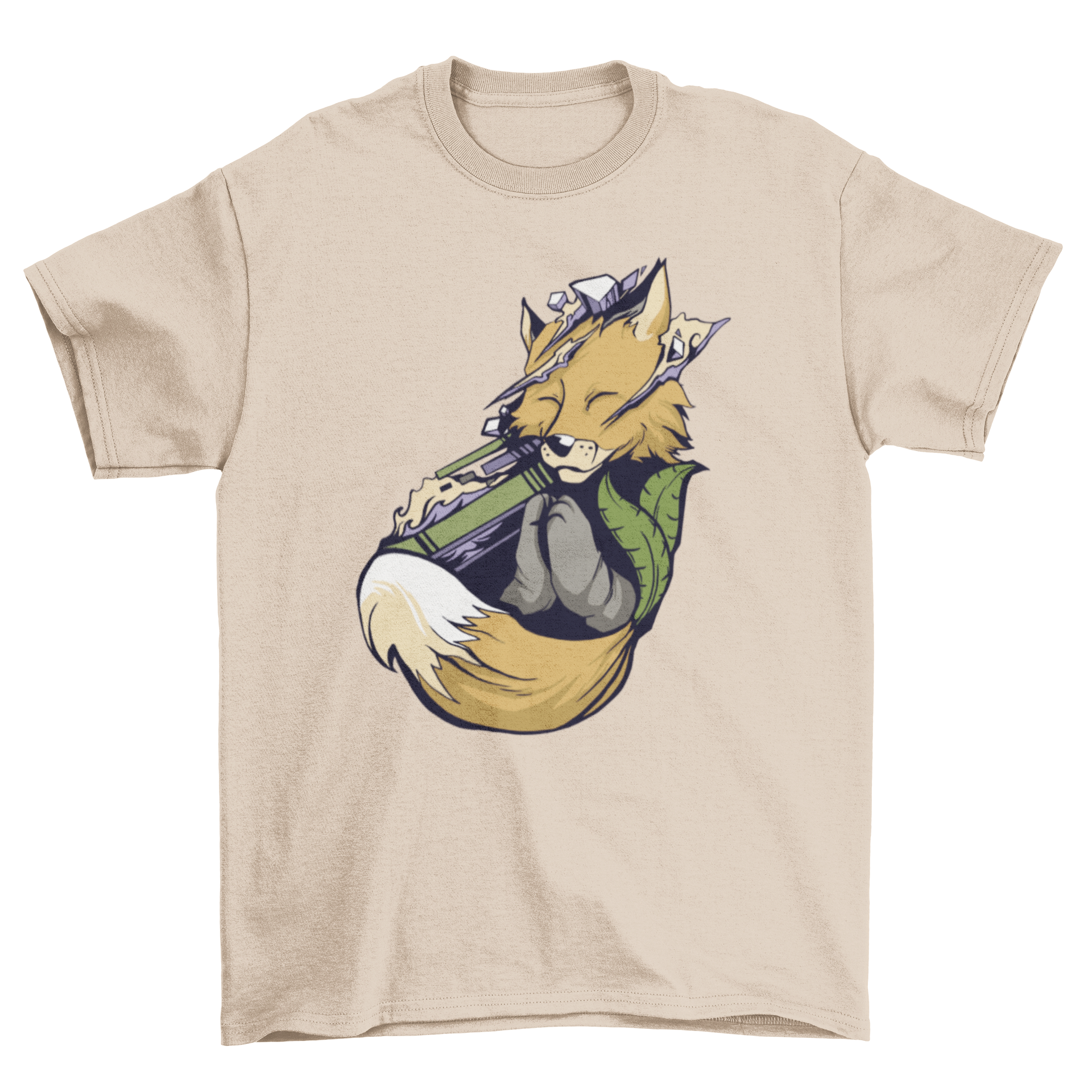 A soft T-shirt featuring a serene fox in a meditative pose, perfect for yoga and relaxation.