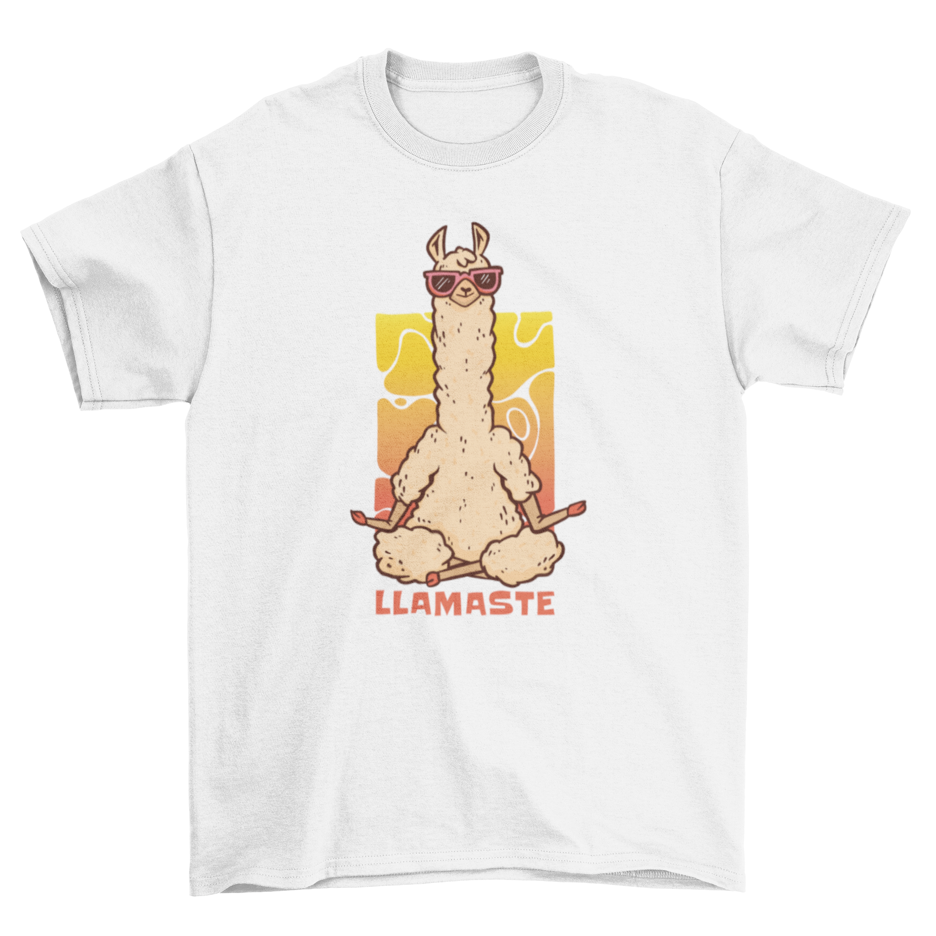 A fun t-shirt featuring a meditating llama with crossed legs and sunglasses, along with the quote 'llamaste'.