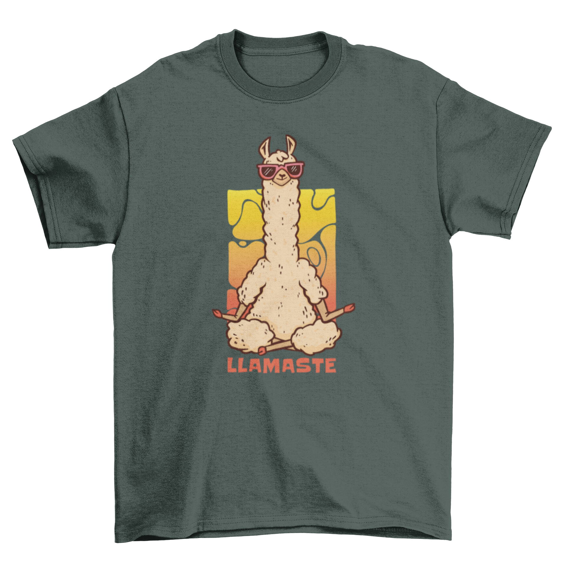 A fun t-shirt featuring a meditating llama with crossed legs and sunglasses, along with the quote 'llamaste'.