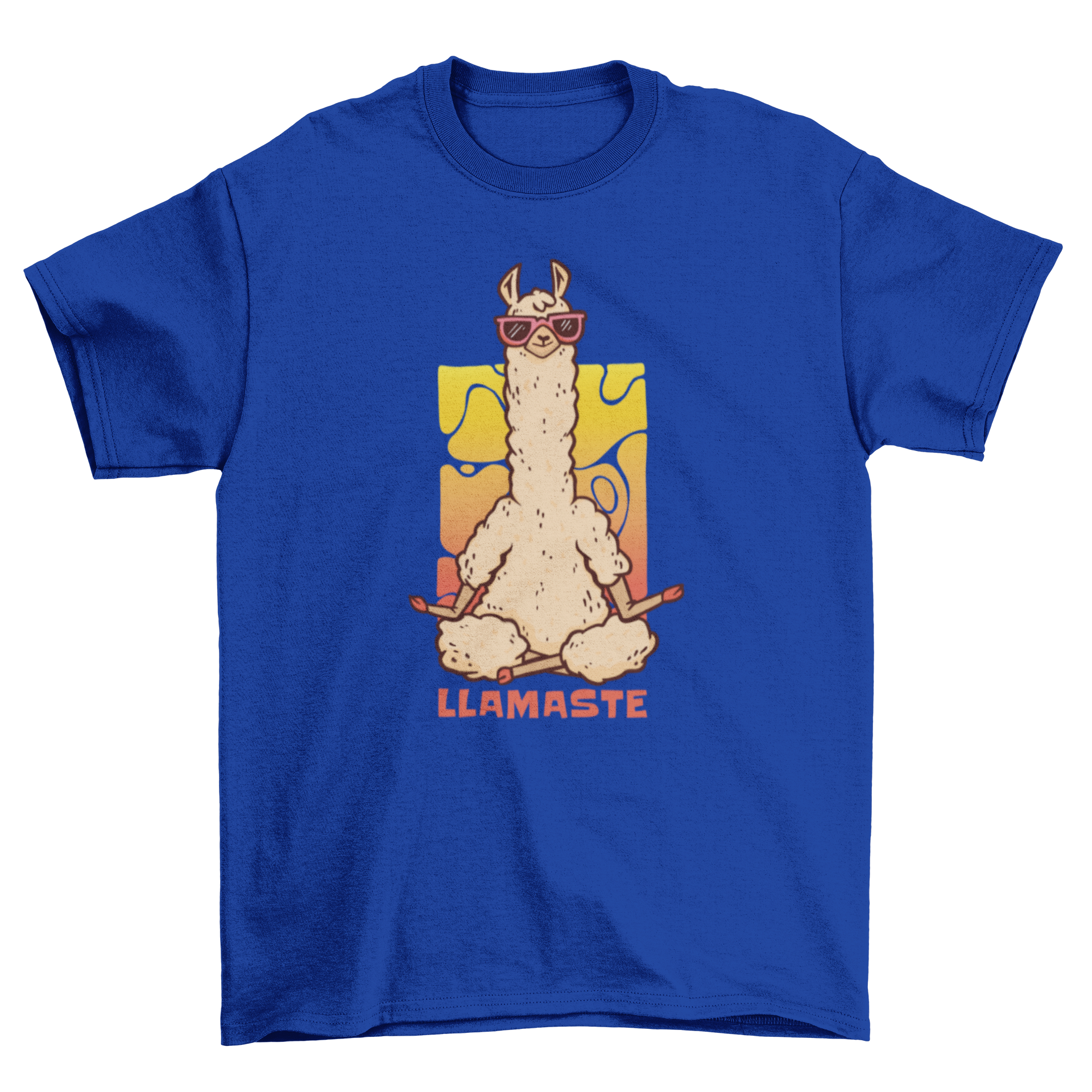 A fun t-shirt featuring a meditating llama with crossed legs and sunglasses, along with the quote 'llamaste'.