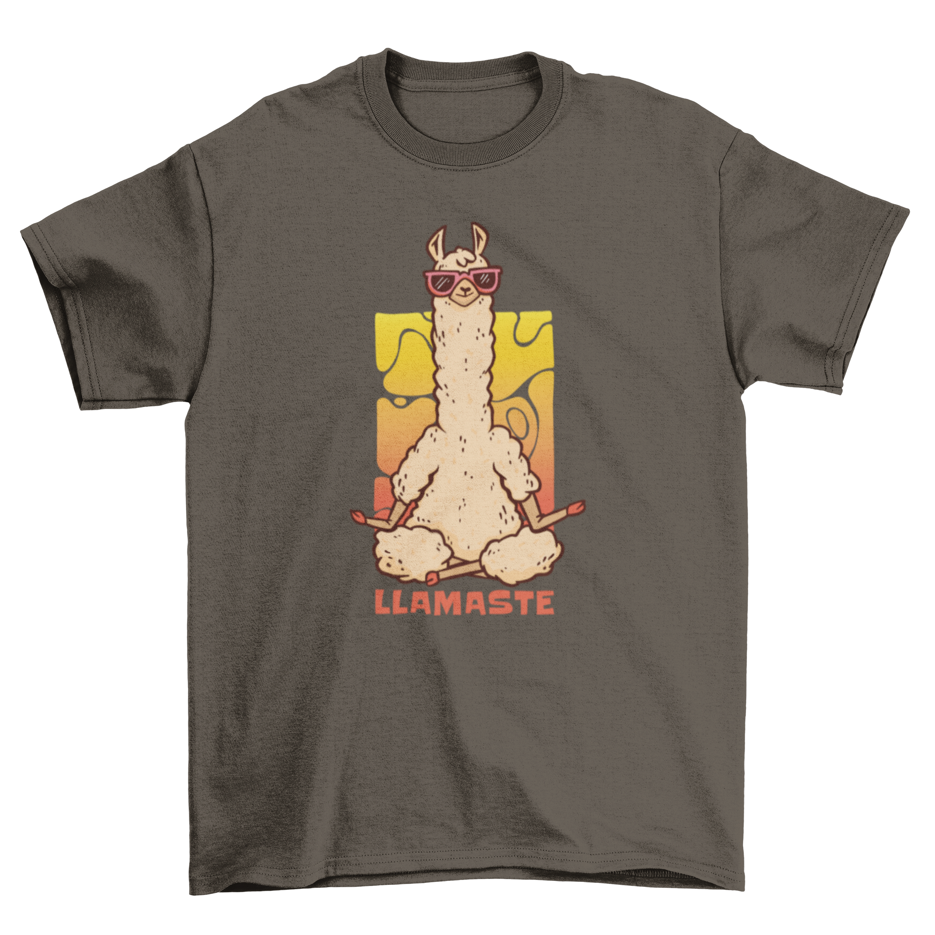 A fun t-shirt featuring a meditating llama with crossed legs and sunglasses, along with the quote 'llamaste'.