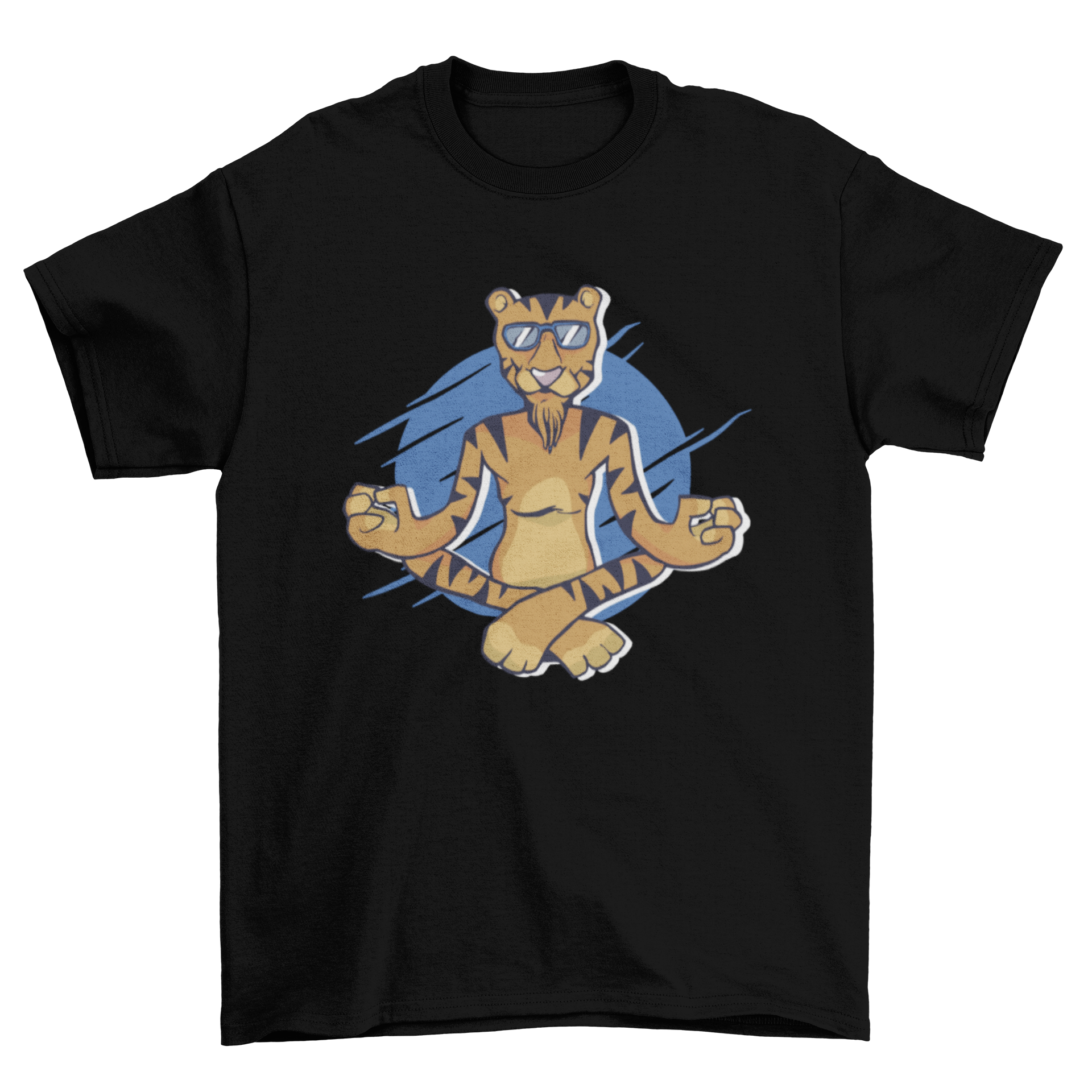 A colorful cartoon of a meditating tiger on a soft t-shirt, symbolizing peace and mindfulness.