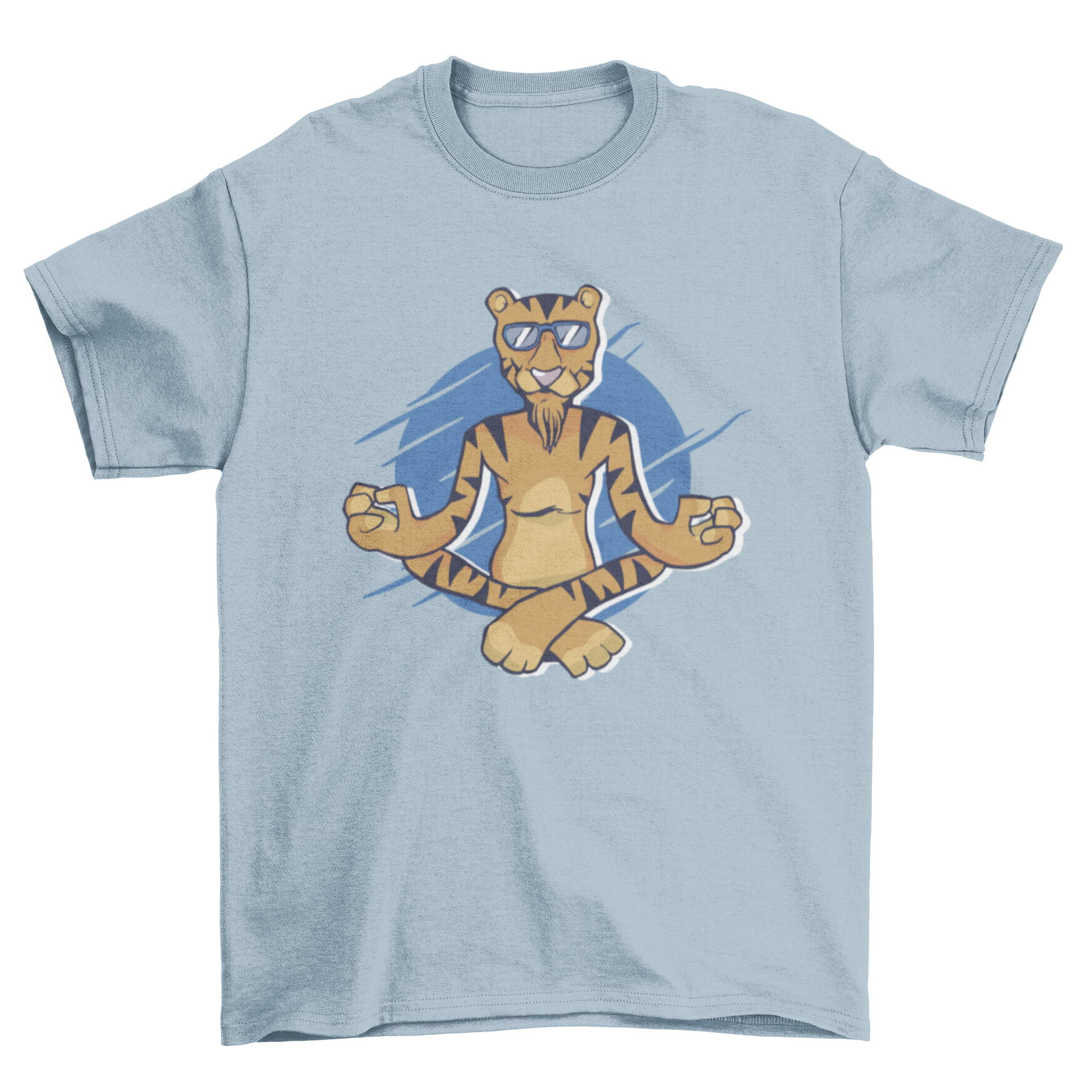 A colorful cartoon of a meditating tiger on a soft t-shirt, symbolizing peace and mindfulness.