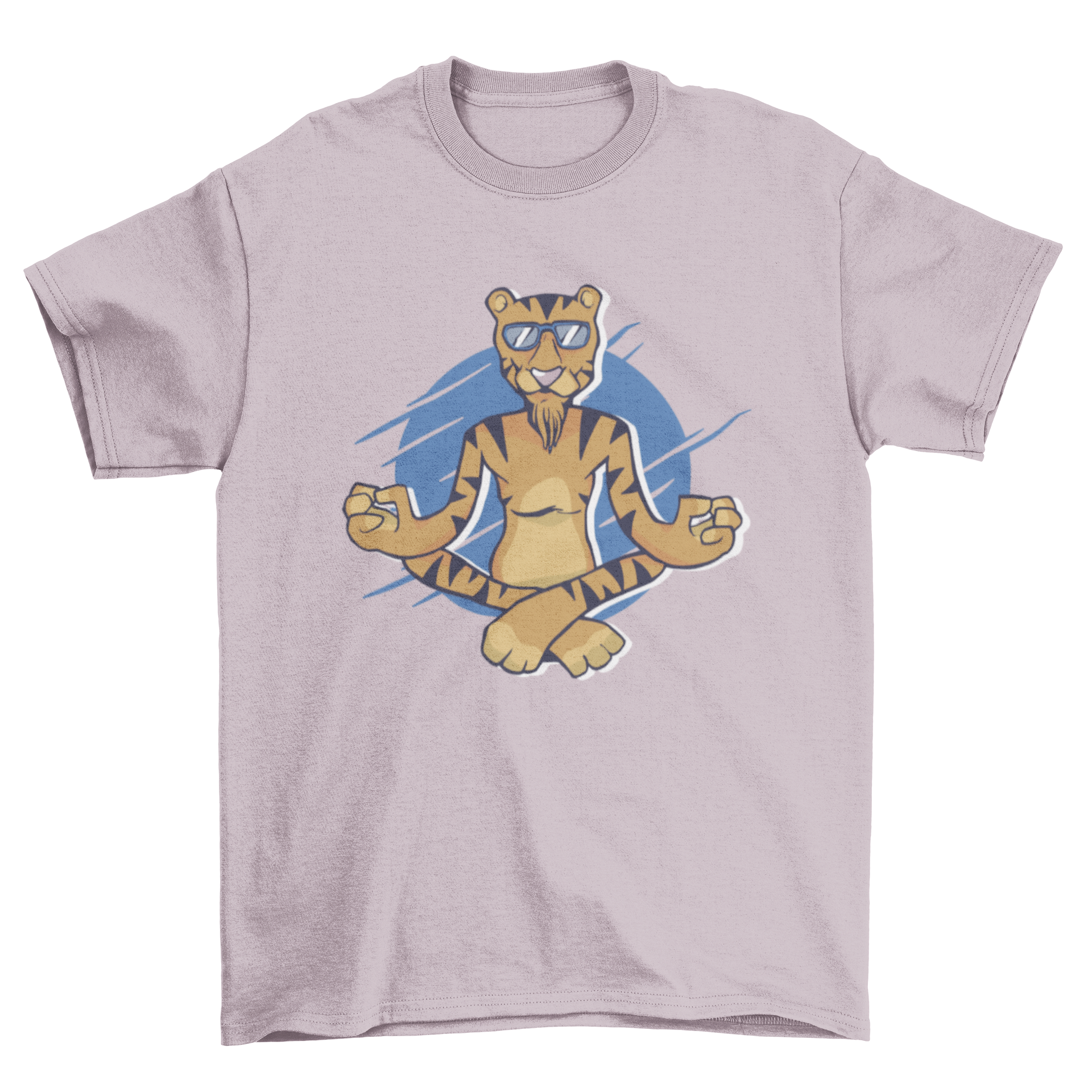 A colorful cartoon of a meditating tiger on a soft t-shirt, symbolizing peace and mindfulness.