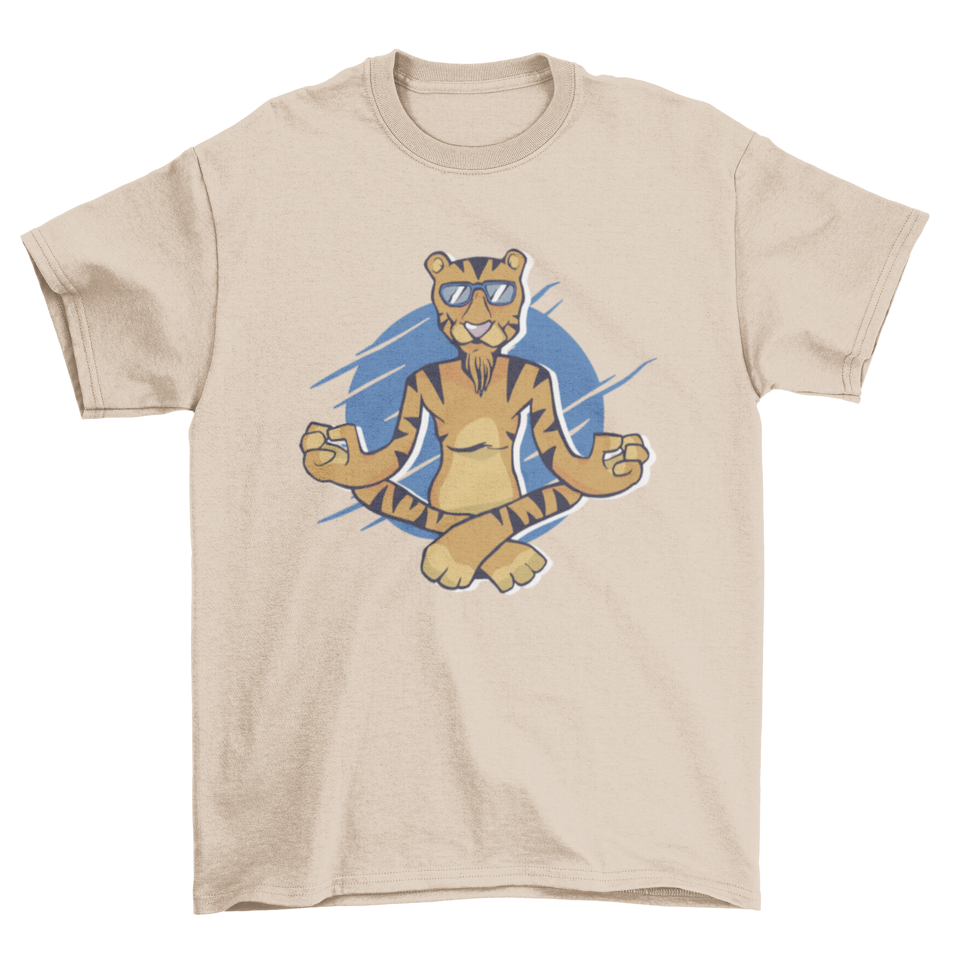 A colorful cartoon of a meditating tiger on a soft t-shirt, symbolizing peace and mindfulness.