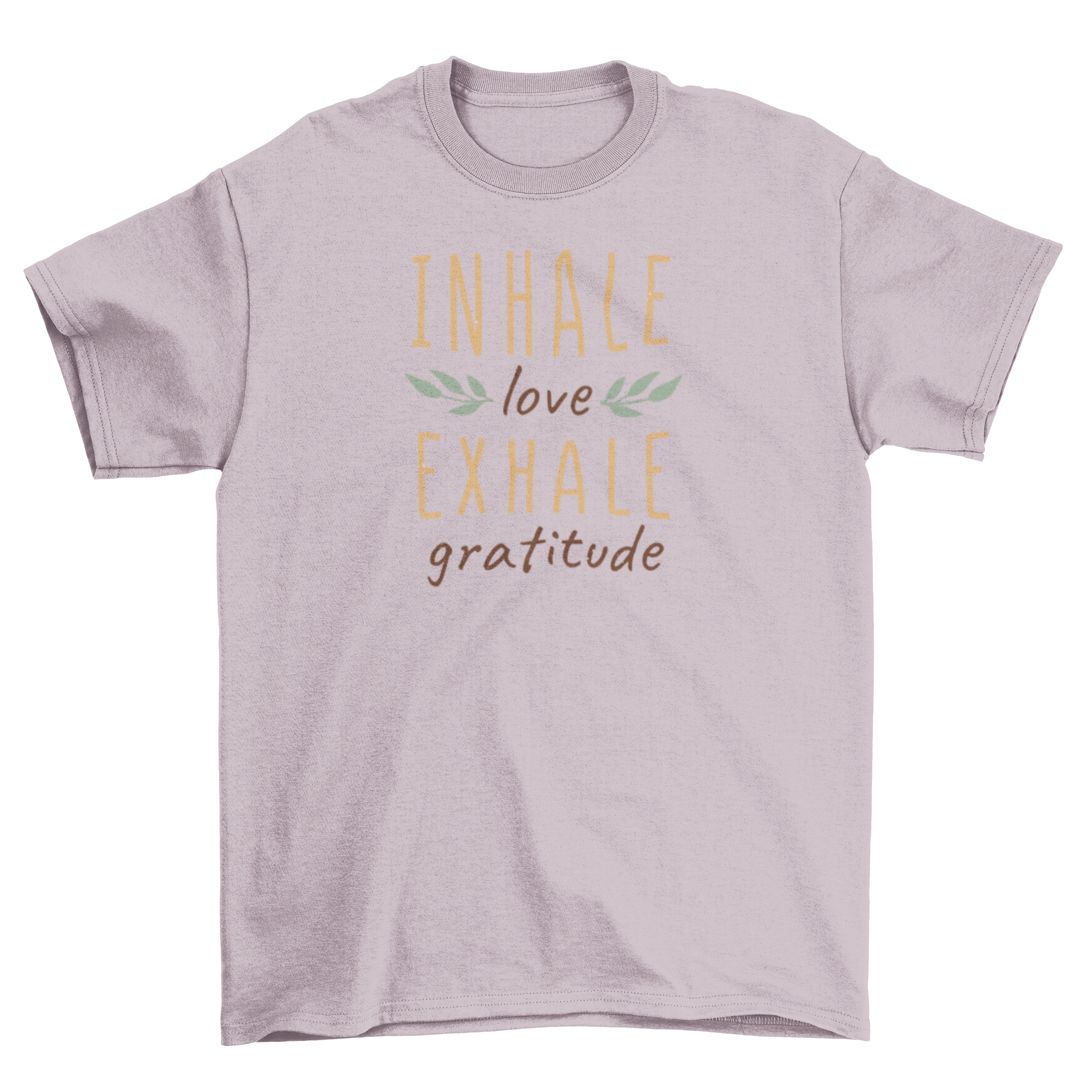 Meditation gratitude affirmation t-shirt featuring the phrase 'Inhale love, exhale gratitude' in a stylish design.