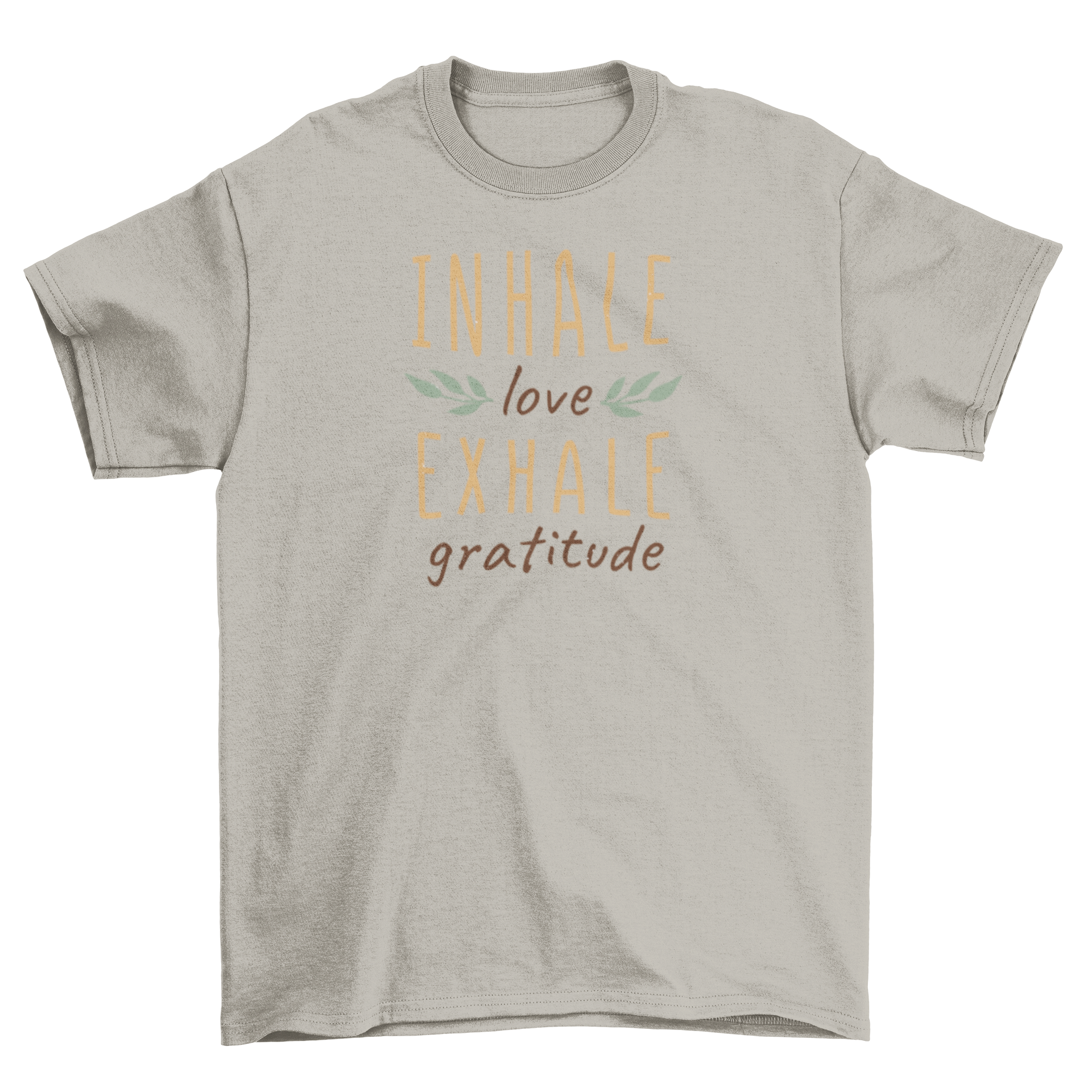 Meditation gratitude affirmation t-shirt featuring the phrase 'Inhale love, exhale gratitude' in a stylish design.